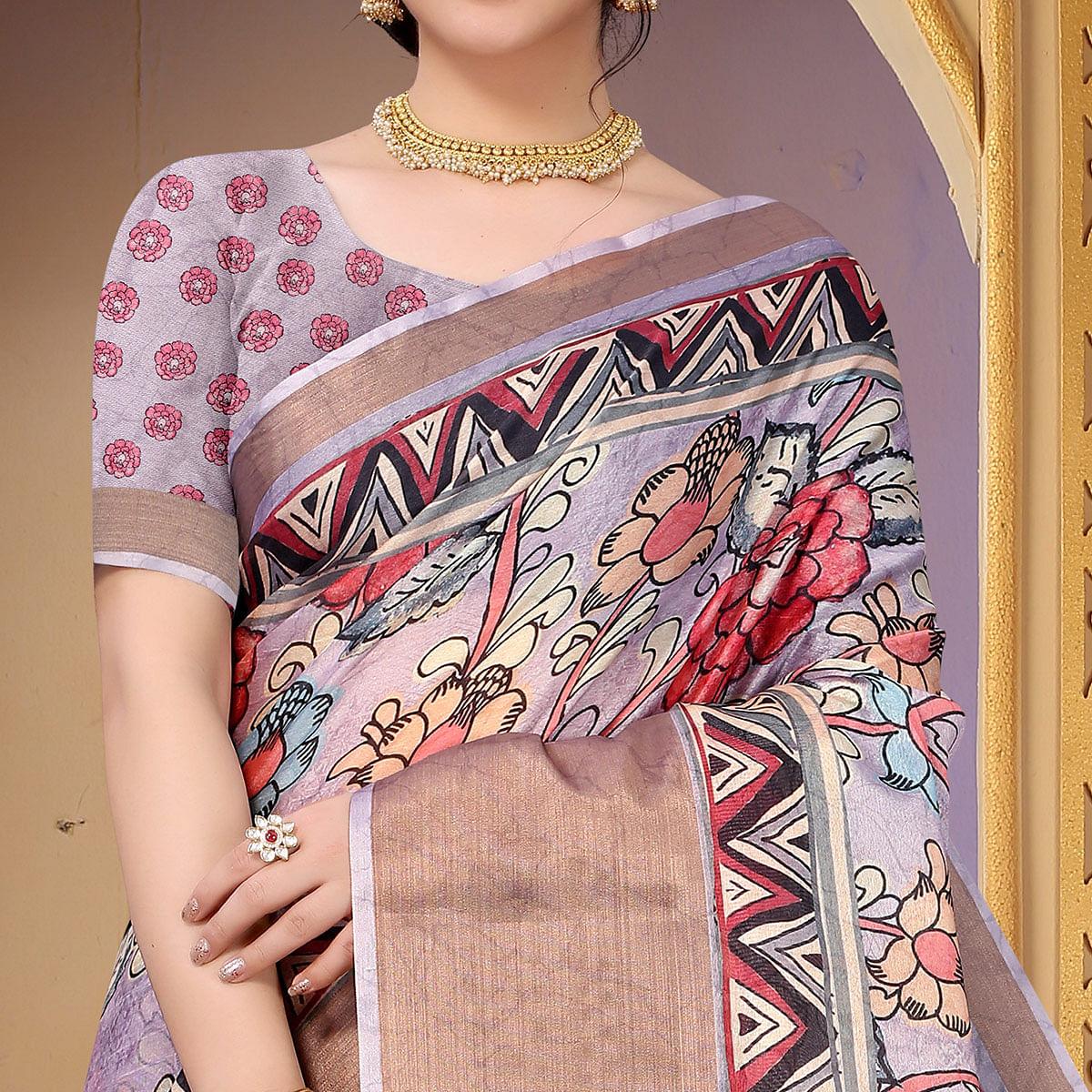 Mauve Festive Wear Floral Printed Art Silk Saree - Peachmode