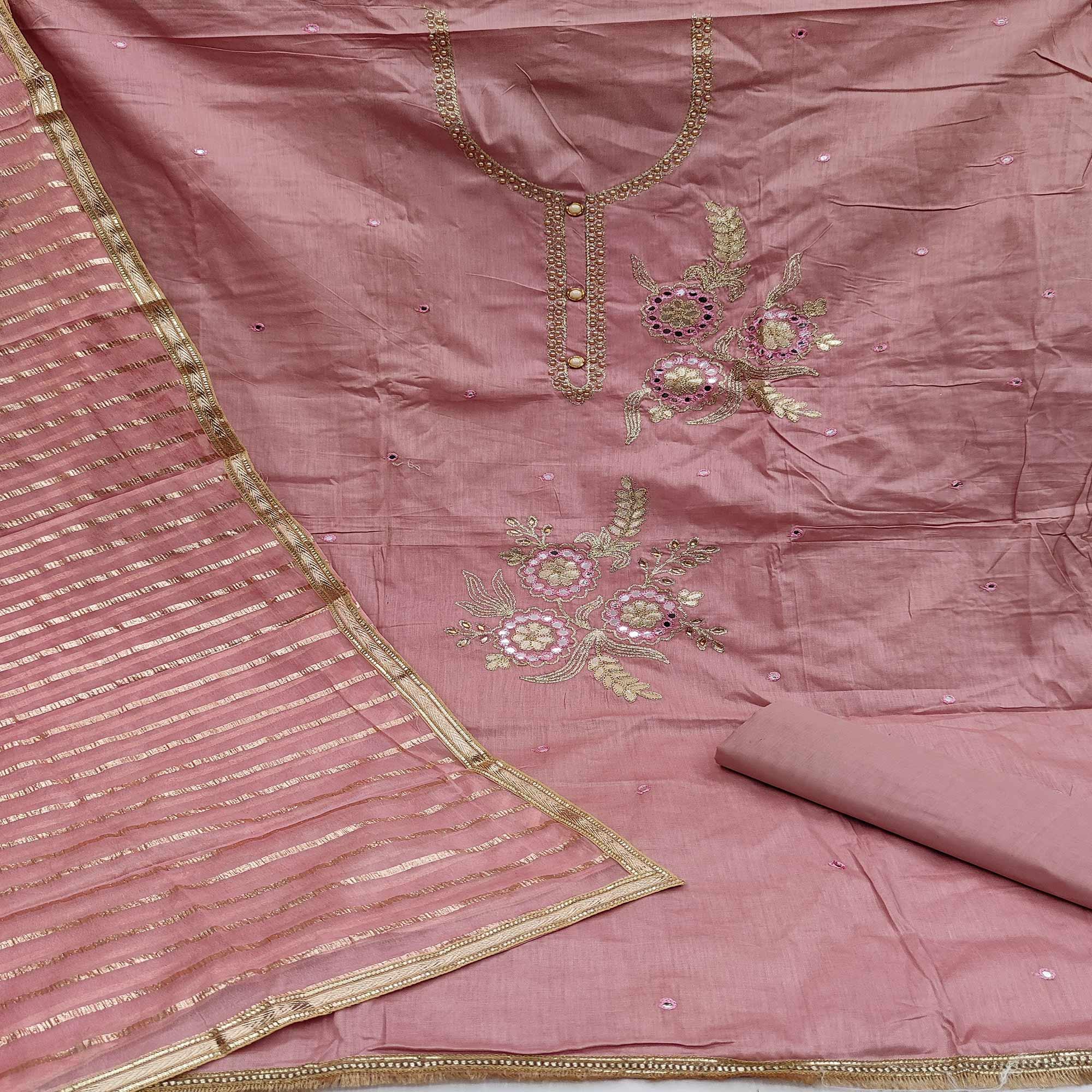 Mauve Festive Wear Gotta Plus Handwork Cotton Dress Material - Peachmode