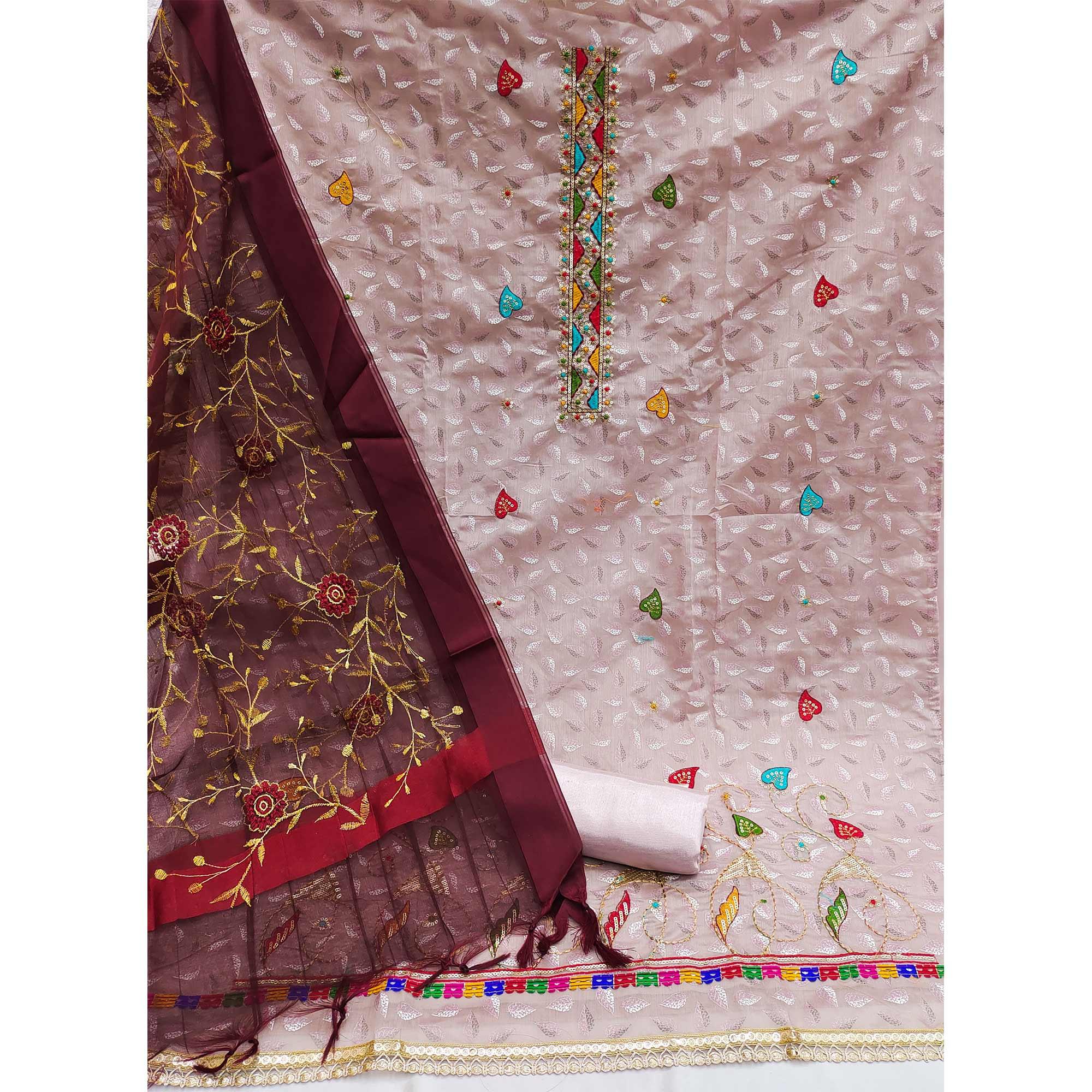 Mauve Festive Wear Sequence Embroidered Chanderi Dress Material - Peachmode