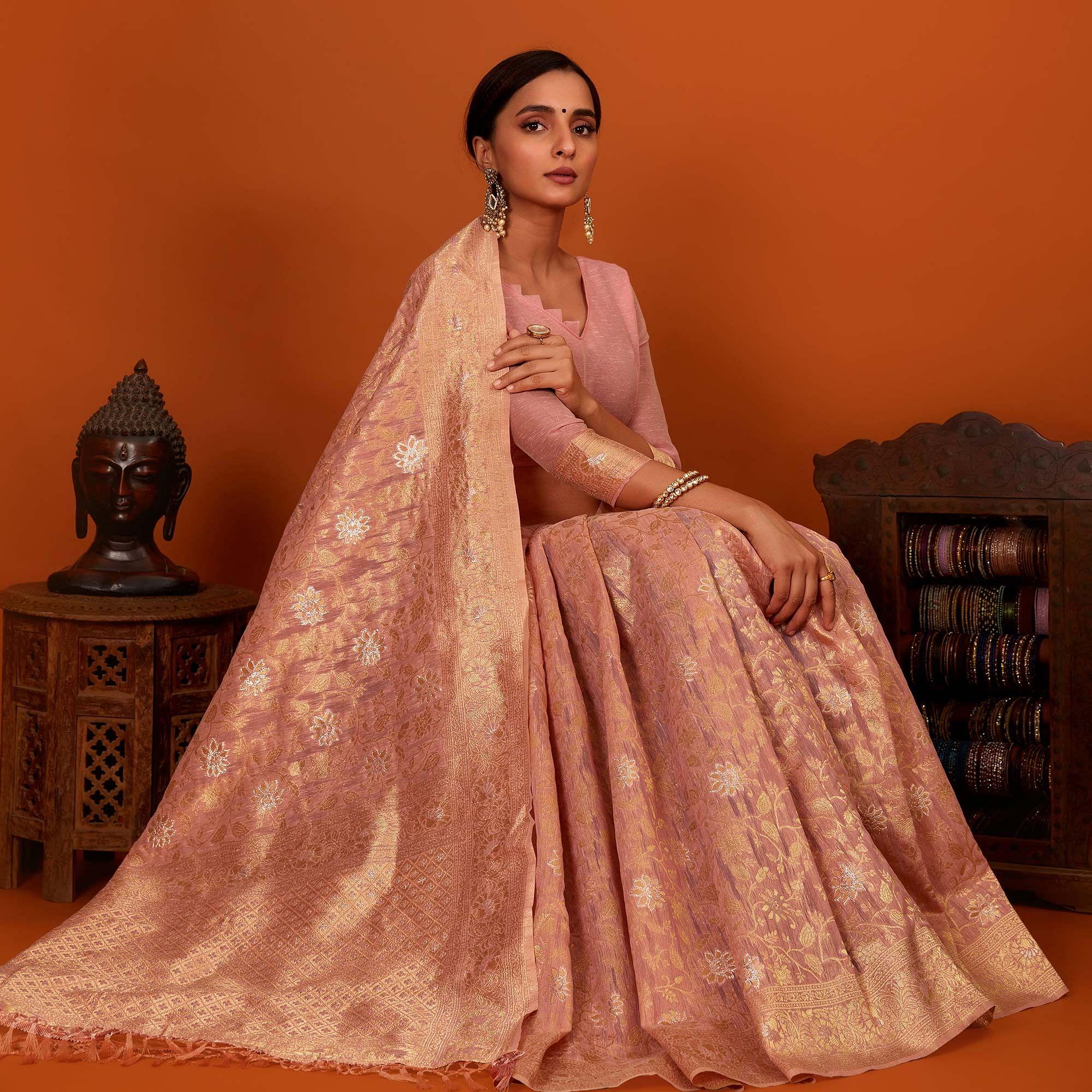 Mauve Festive Wear Woven Cotton Saree With Tassels - Peachmode