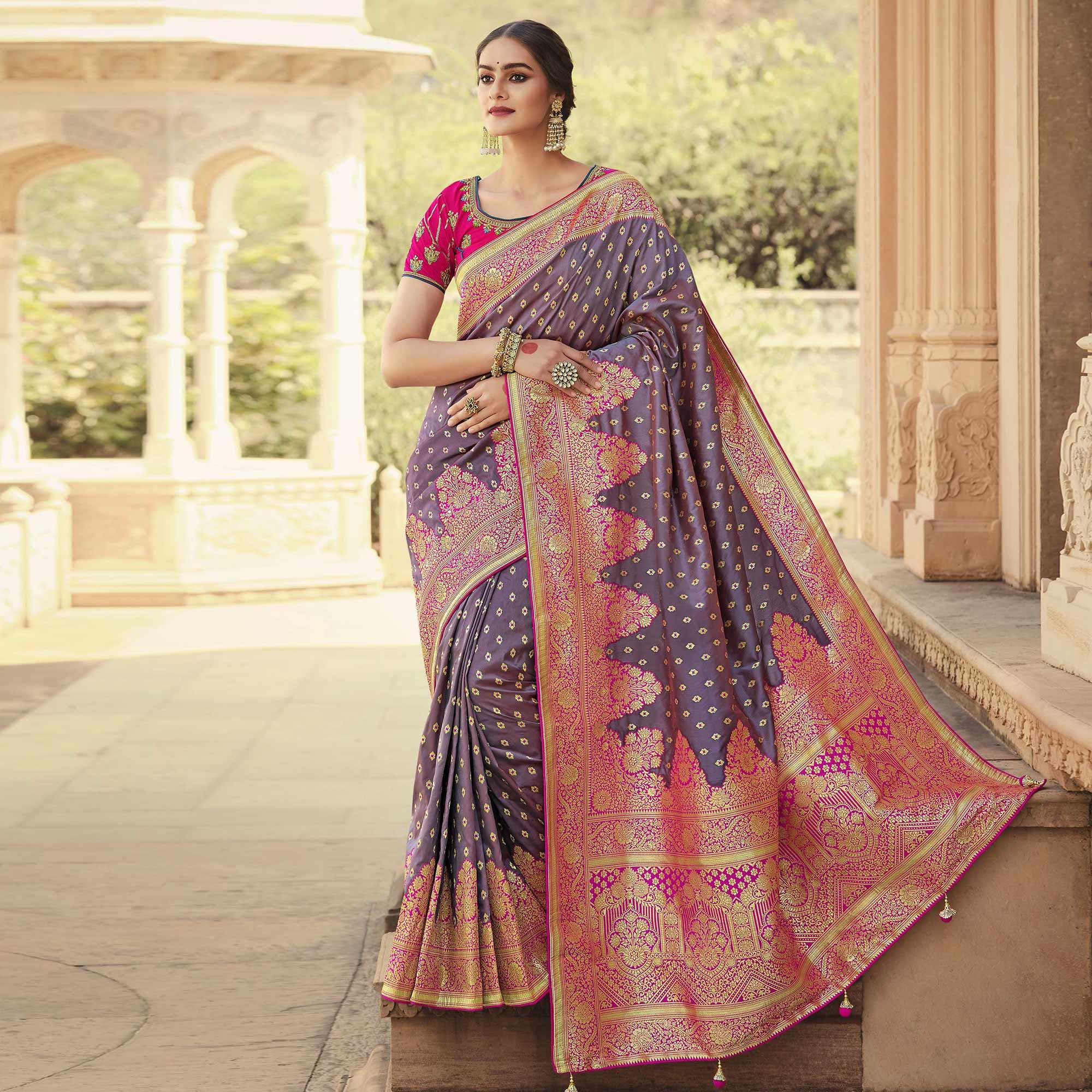 Mauve Festive Wear Woven Silk Saree - Peachmode