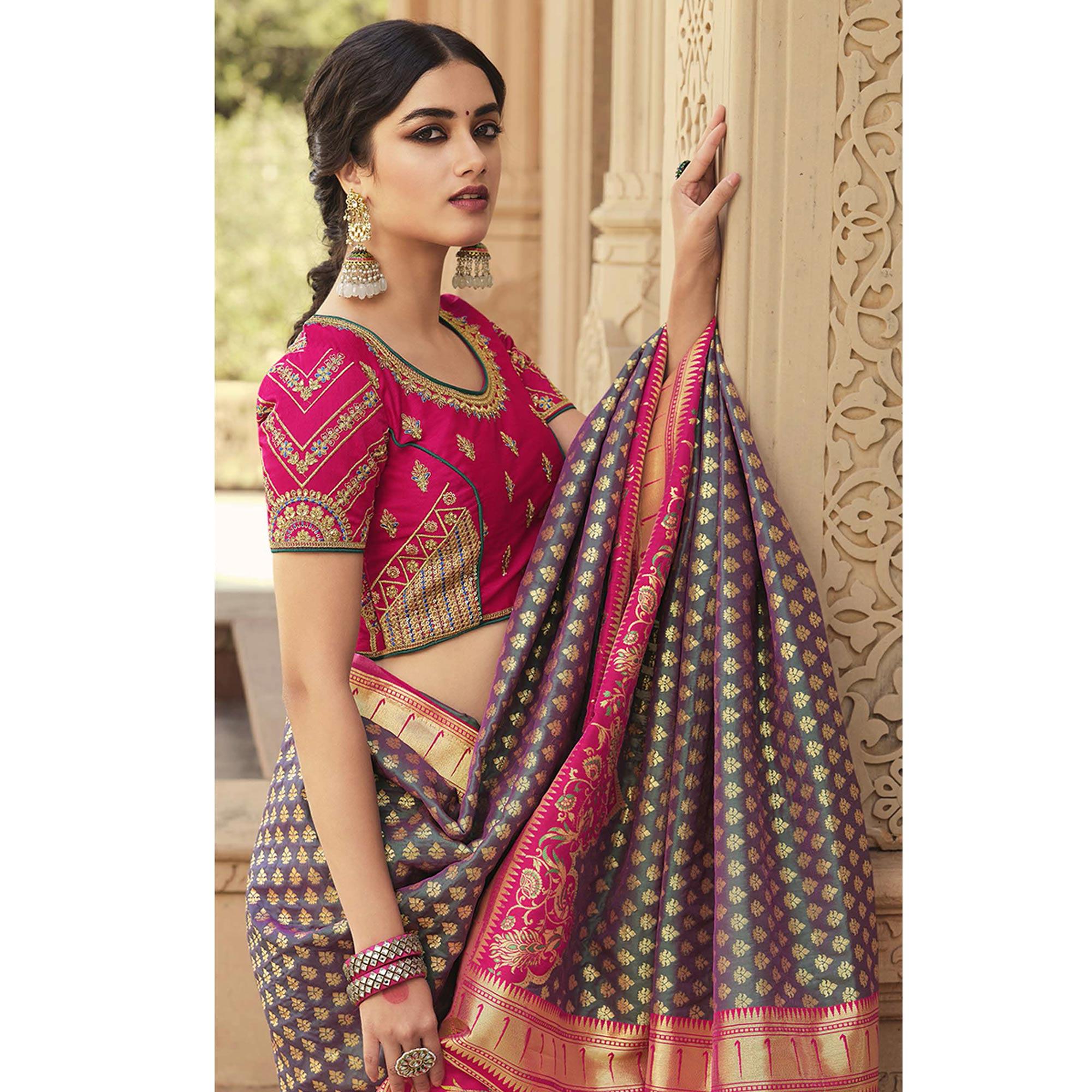 Mauve Festive Wear Woven Silk Saree - Peachmode