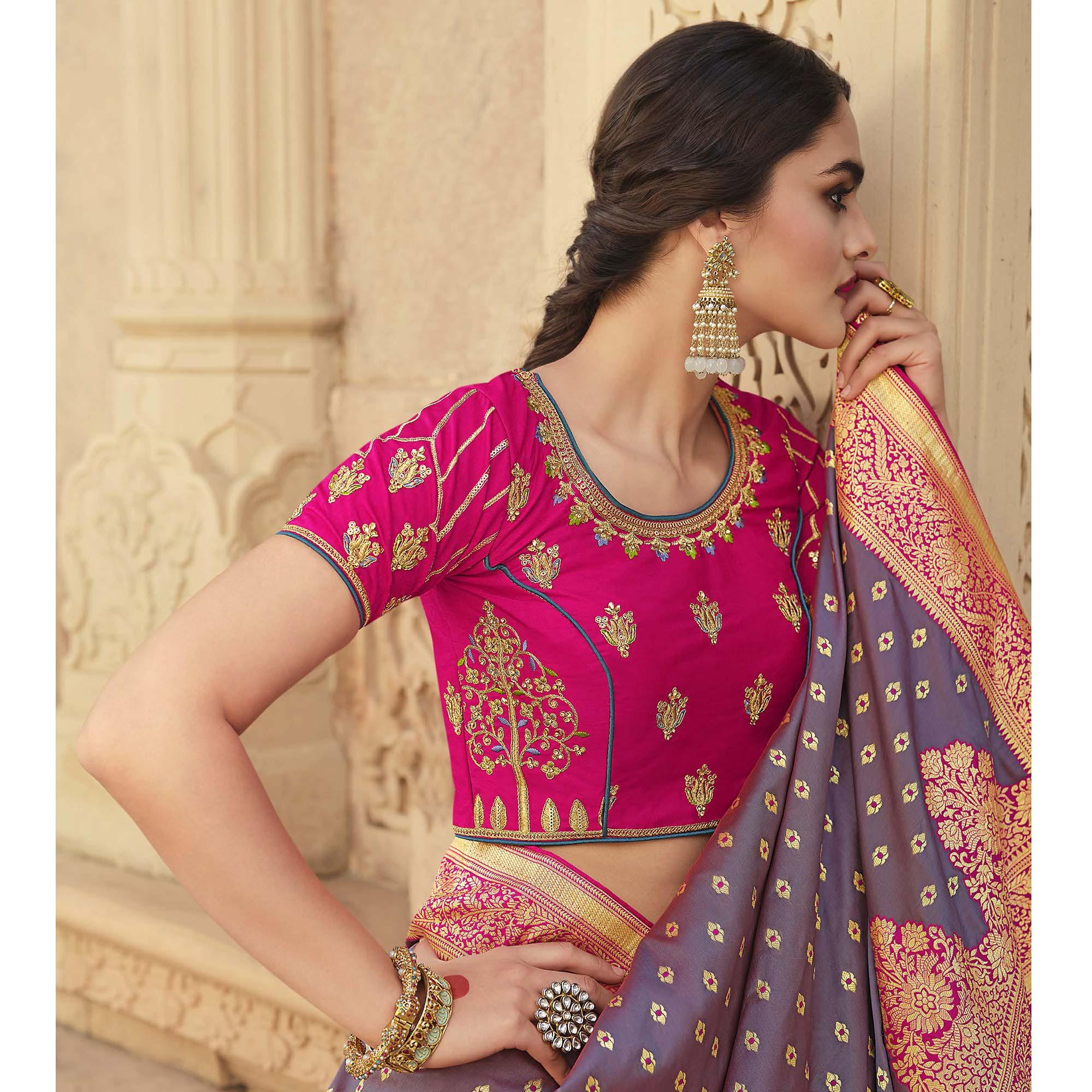 Mauve Festive Wear Woven Silk Saree - Peachmode