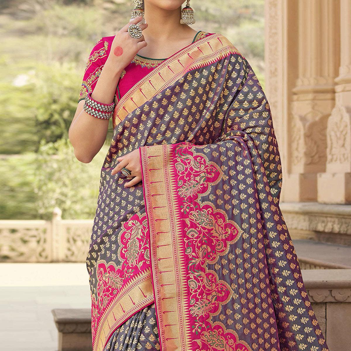 Mauve Festive Wear Woven Silk Saree - Peachmode