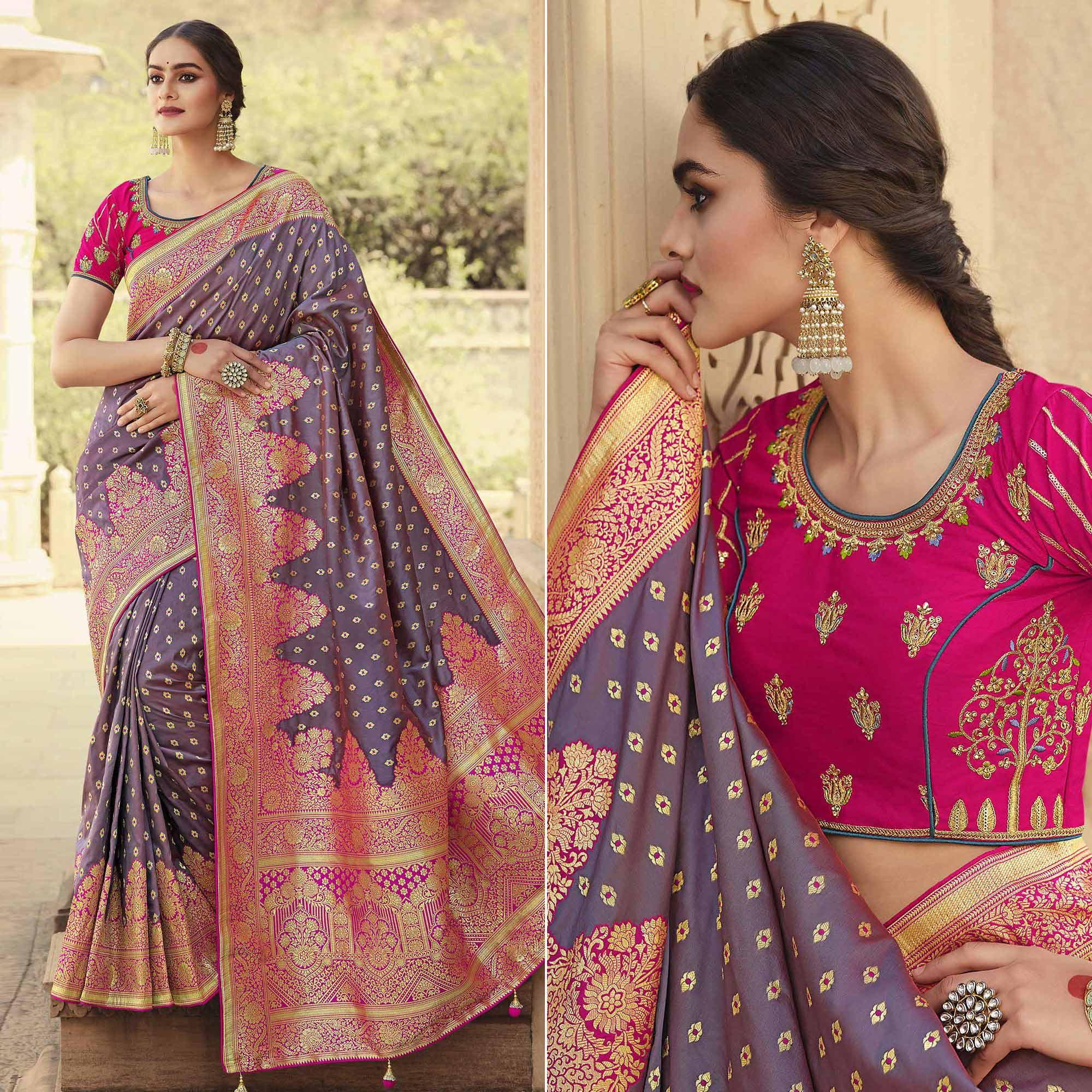 Mauve Festive Wear Woven Silk Saree - Peachmode