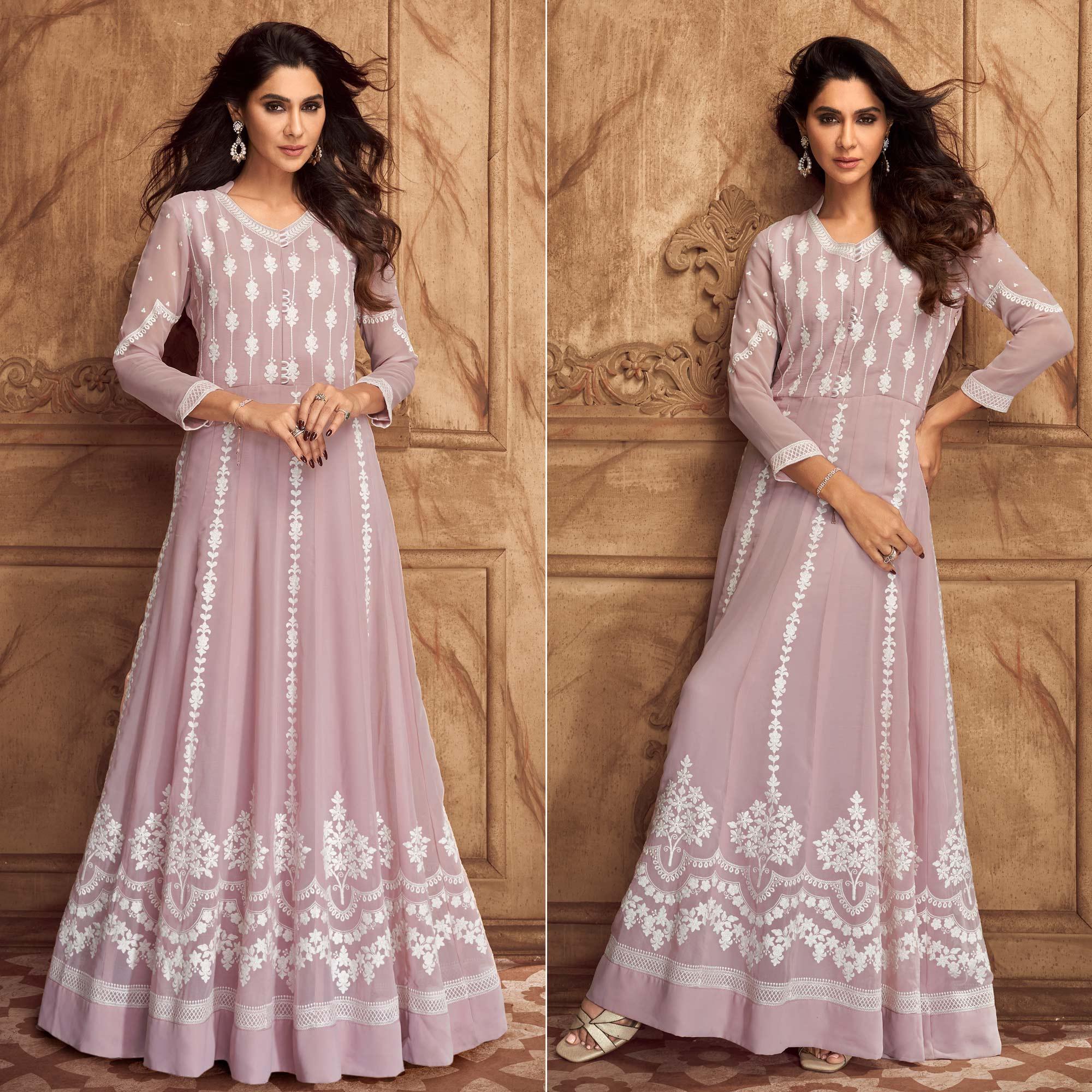 Mauve Floral Embroidered Georgette Gown - Peachmode