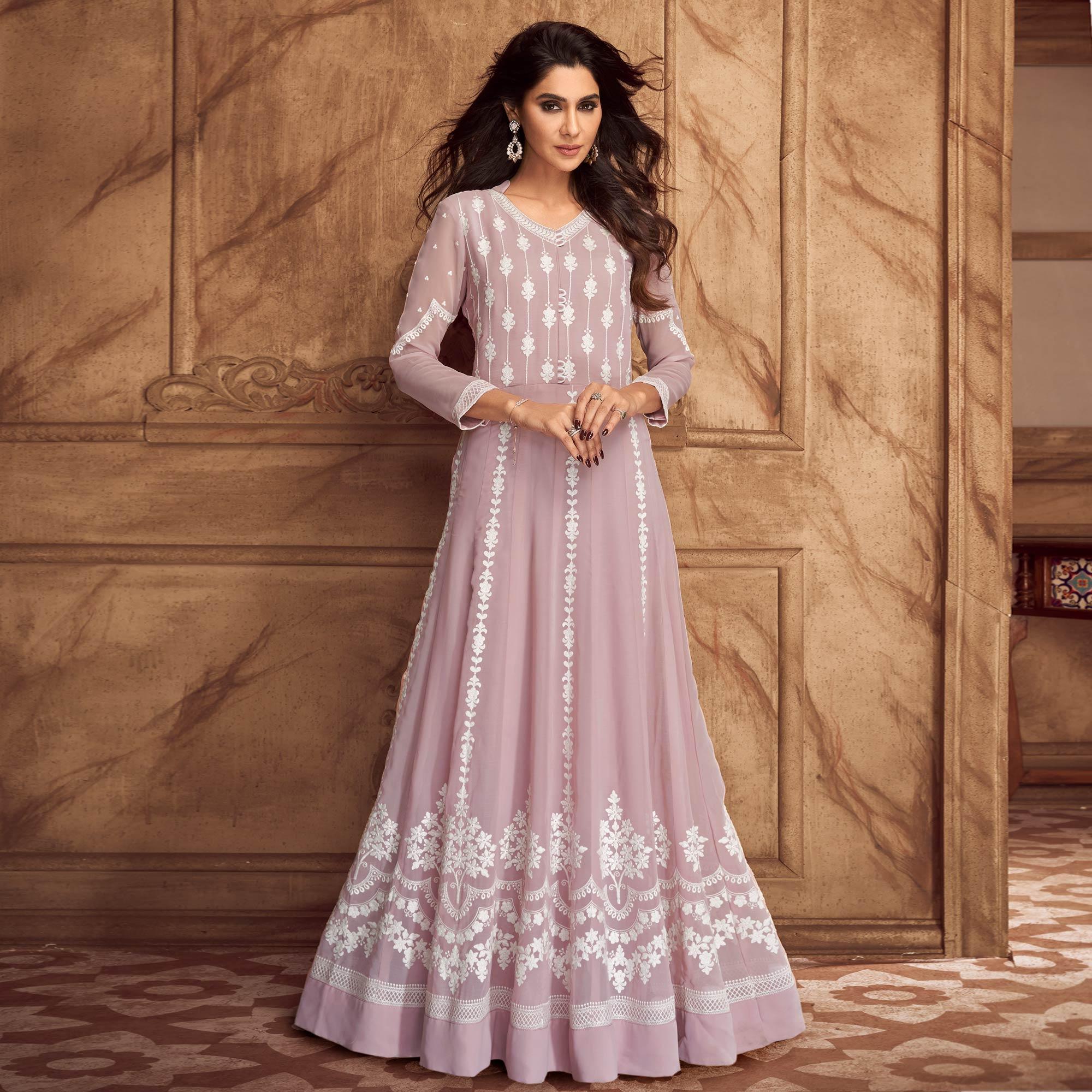 Mauve Floral Embroidered Georgette Gown - Peachmode
