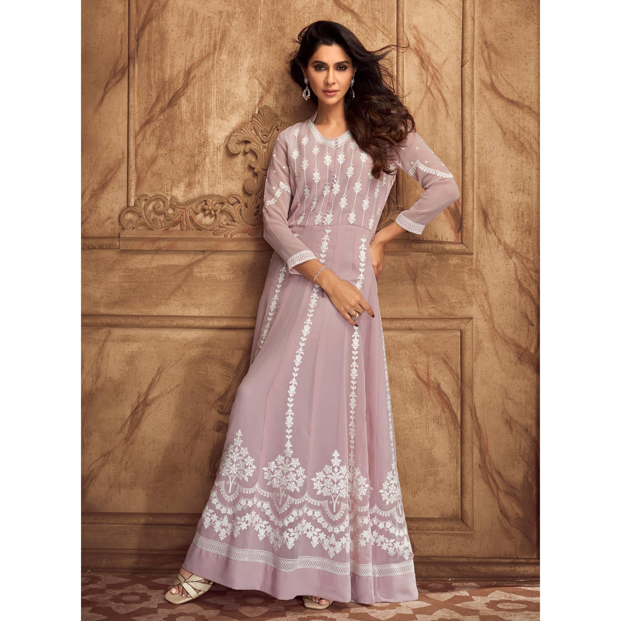 Mauve Floral Embroidered Georgette Gown - Peachmode