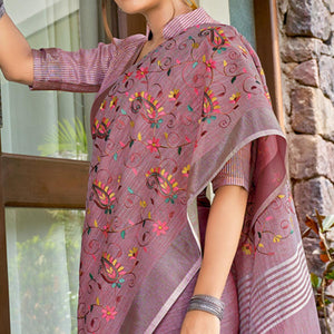 Mauve Floral Embroidered Linen Saree With Tassels - Peachmode