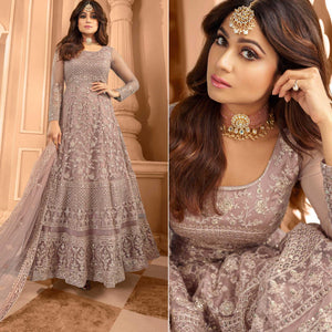 Mauve Floral Embroidered Net Anarkali Suit - Peachmode