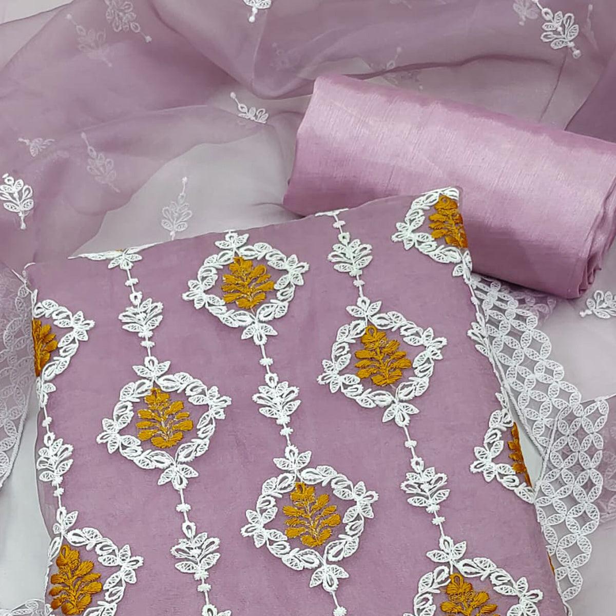 Mauve Floral Embroidered Organza Dress Material - Peachmode