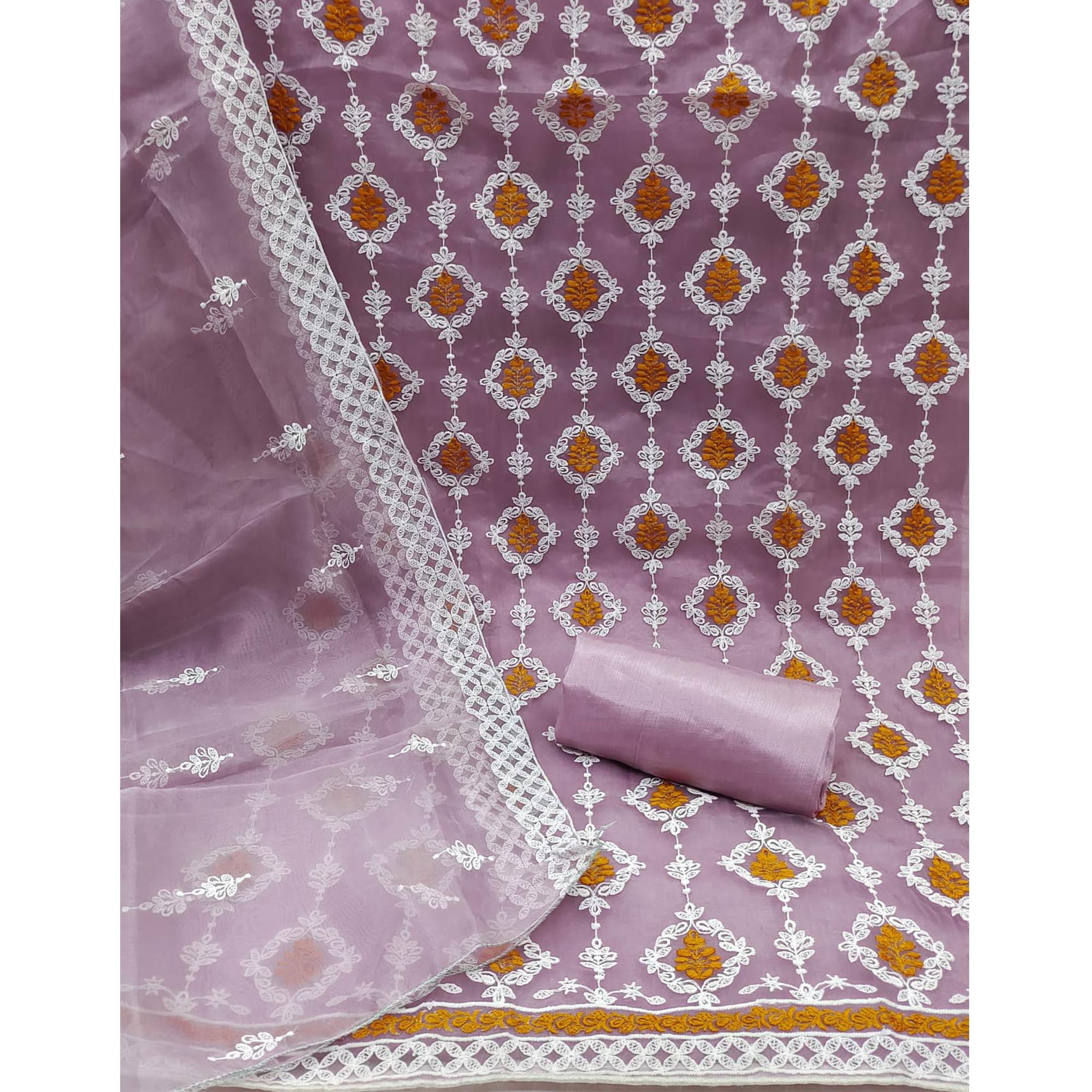 Mauve Floral Embroidered Organza Dress Material - Peachmode