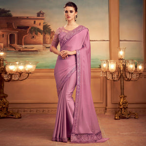 Mauve Floral Sequence Embroidered Art Silk Saree - Peachmode