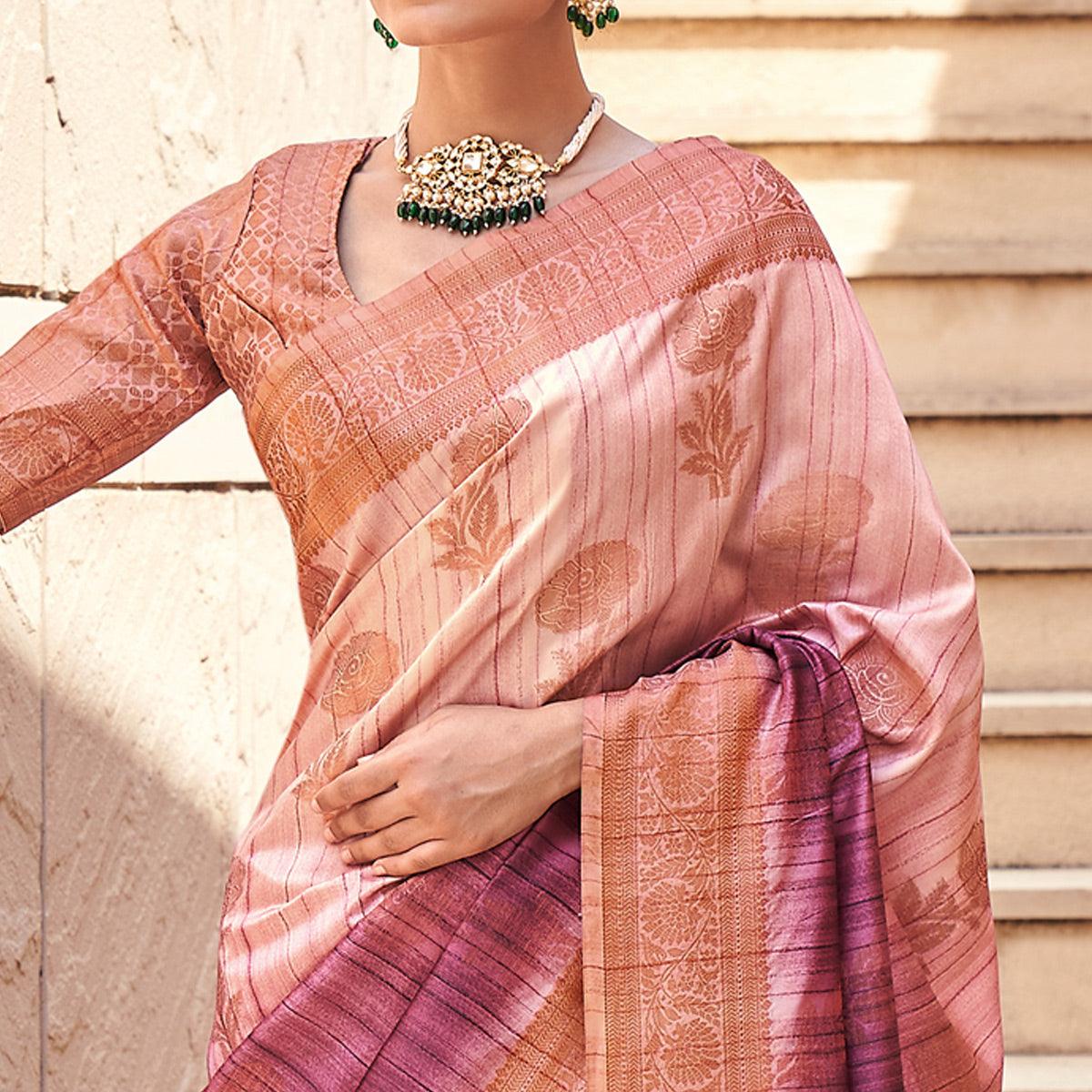 Mauve Floral Woven Art Silk Saree - Peachmode