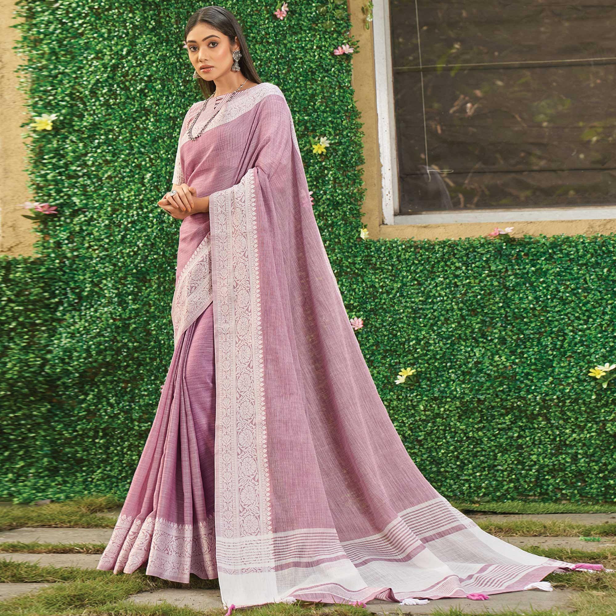 Mauve Floral Woven Linen Saree - Peachmode