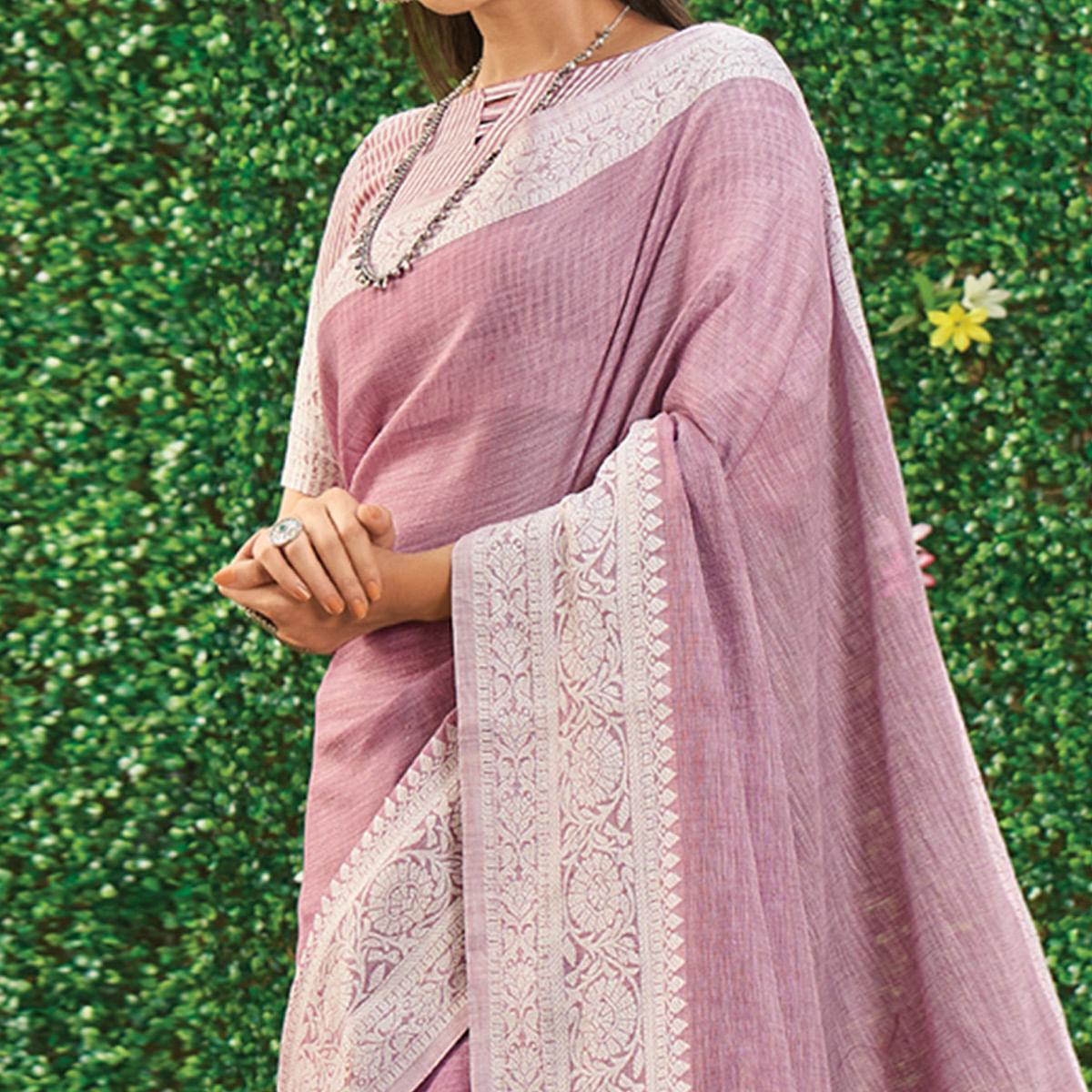 Mauve Floral Woven Linen Saree - Peachmode