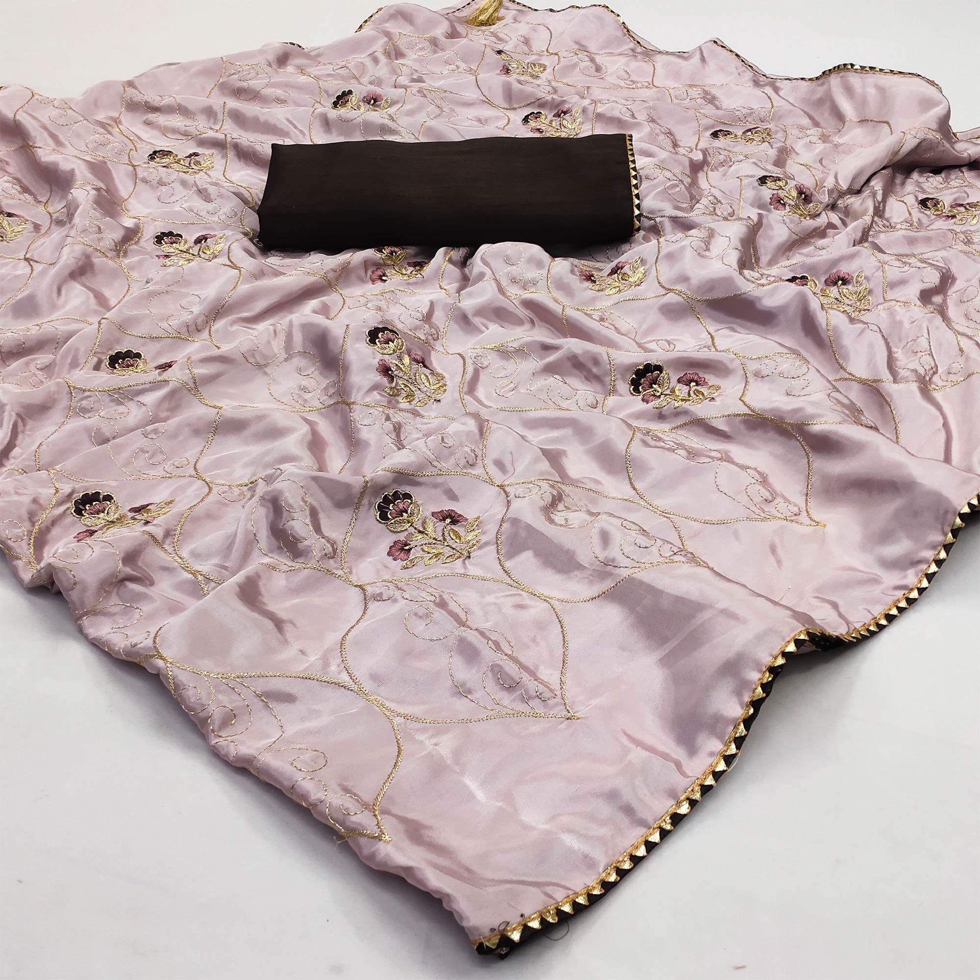 Mauve Floral Zari Embroidered Silk Saree - Peachmode