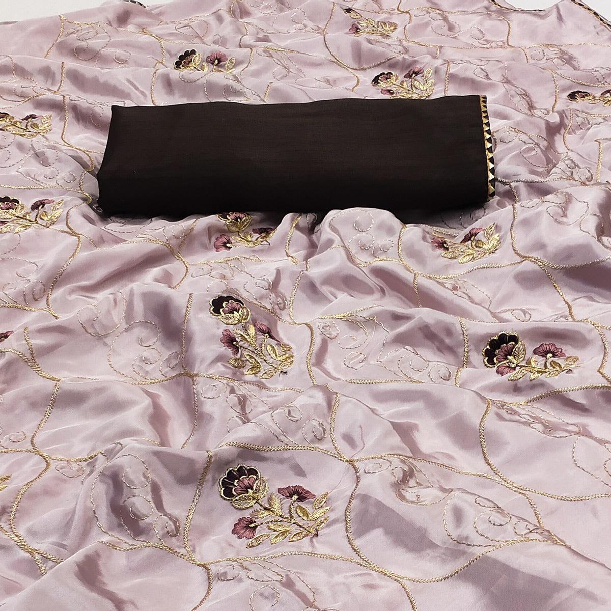 Mauve Floral Zari Embroidered Silk Saree - Peachmode