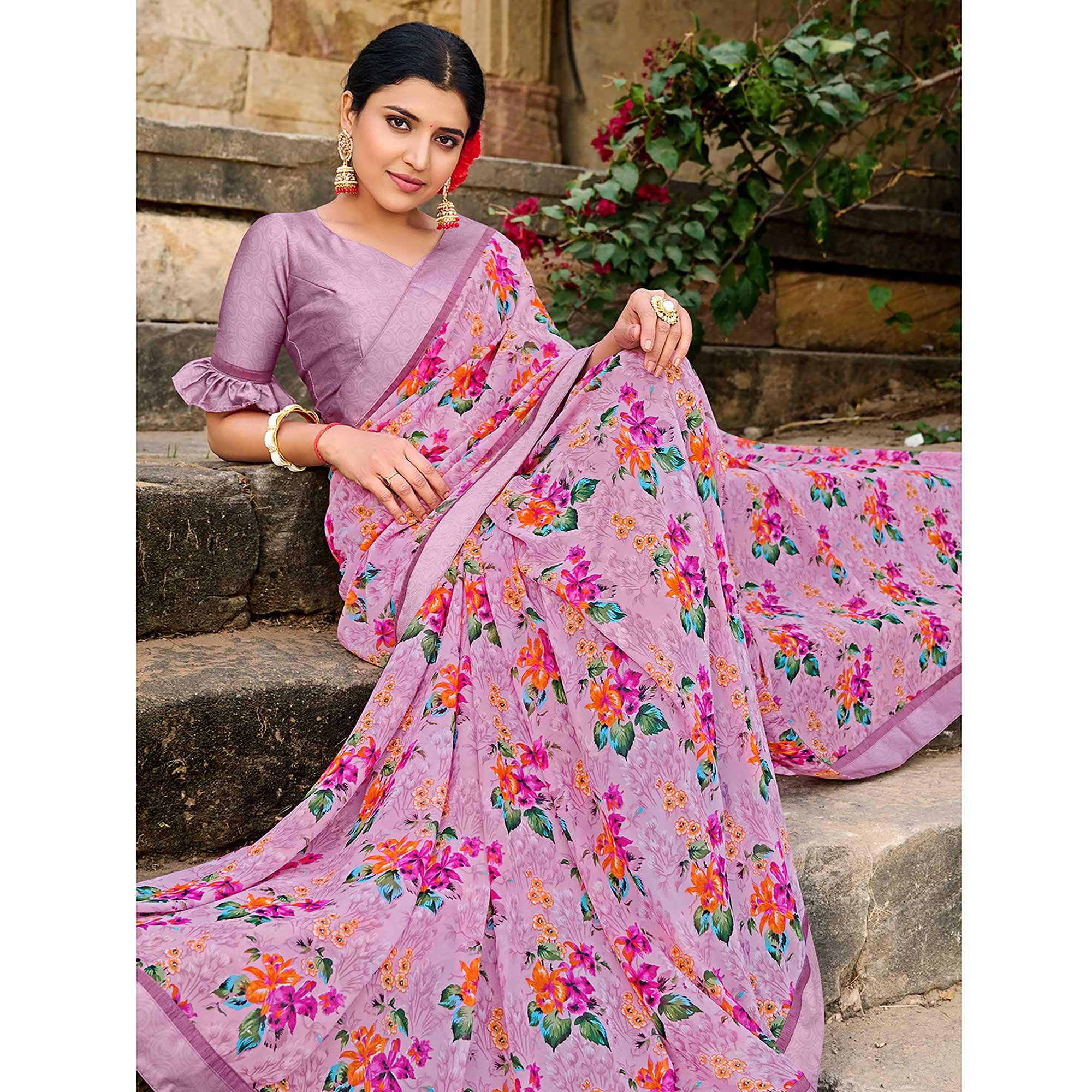Mauve Foil Printed Georgette Saree - Peachmode