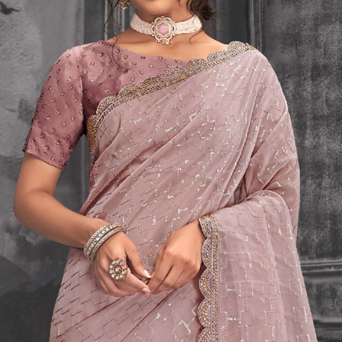 Mauve Party Wear Embellished Organza Saree - Peachmode