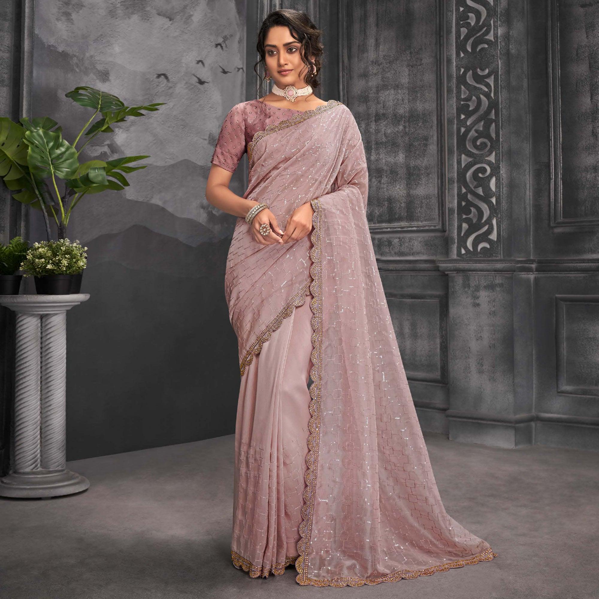 Mauve Party Wear Embellished Organza Saree - Peachmode