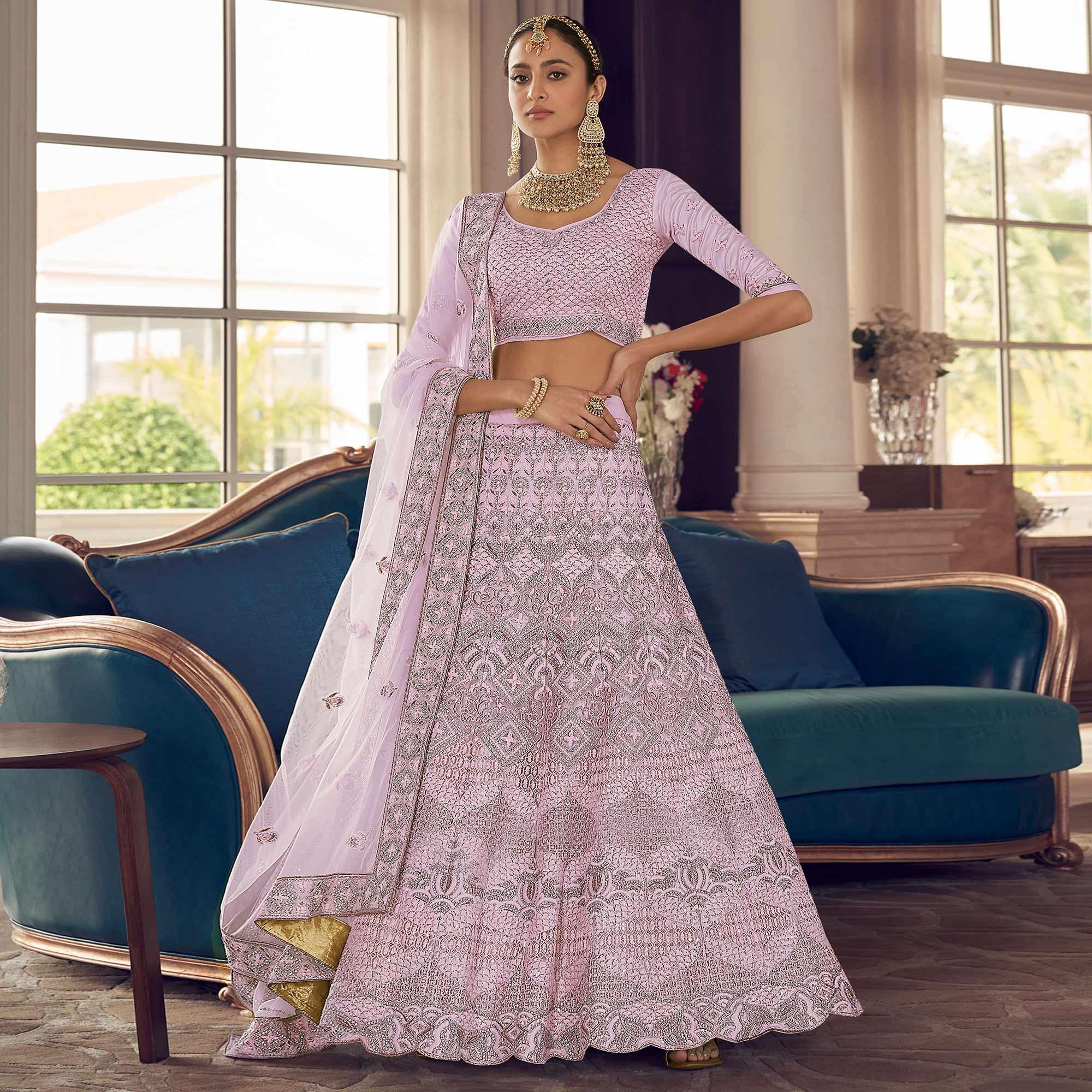 Mauve Party Wear Embroidered Crepe Lehenga Choli - Peachmode