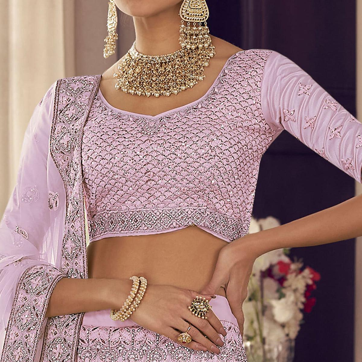 Mauve Party Wear Embroidered Crepe Lehenga Choli - Peachmode