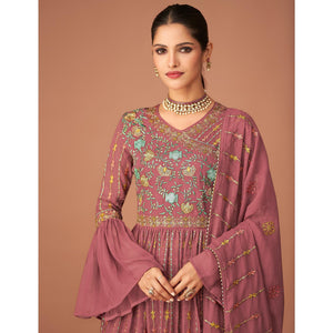 Mauve Party Wear Embroidered Georgette Sharara Suit - Peachmode