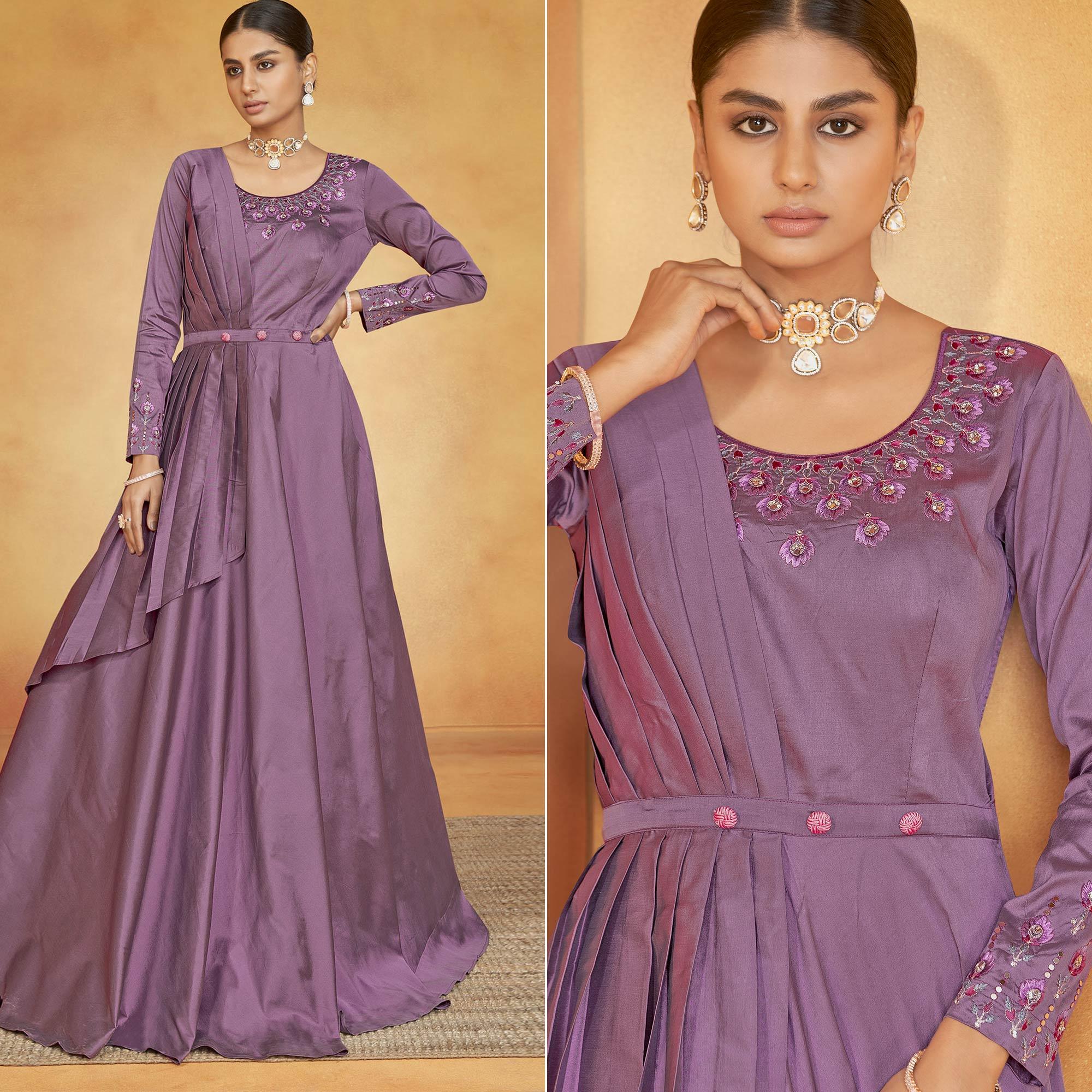 Mauve Party Wear Embroidered Tapetta Gown - Peachmode