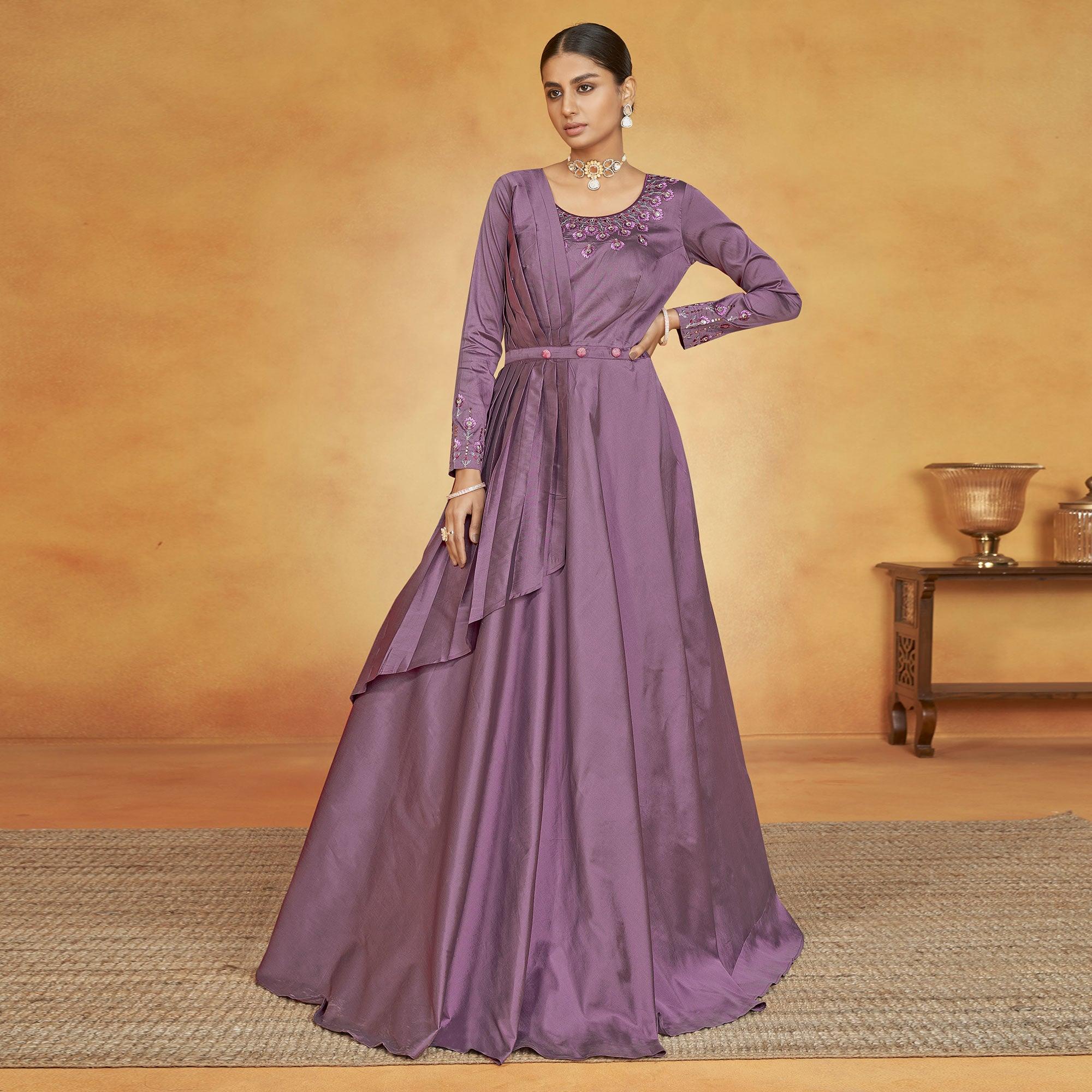 Mauve Party Wear Embroidered Tapetta Gown - Peachmode