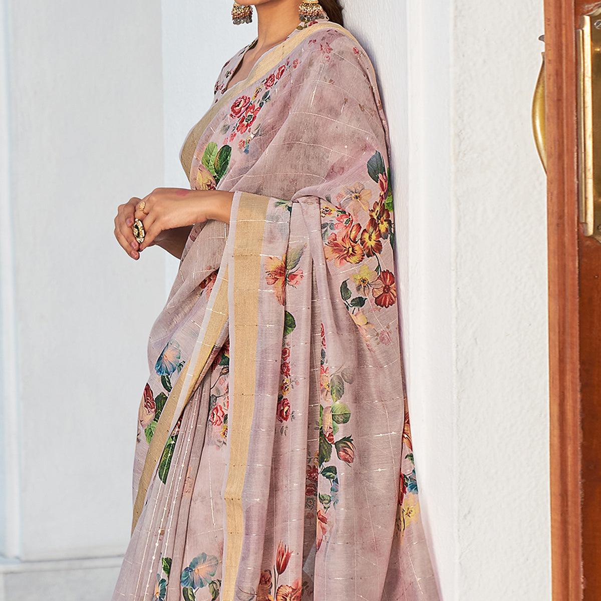 Mauve Partywear Digital Printed & Sequence Woven Pure Linen Saree - Peachmode