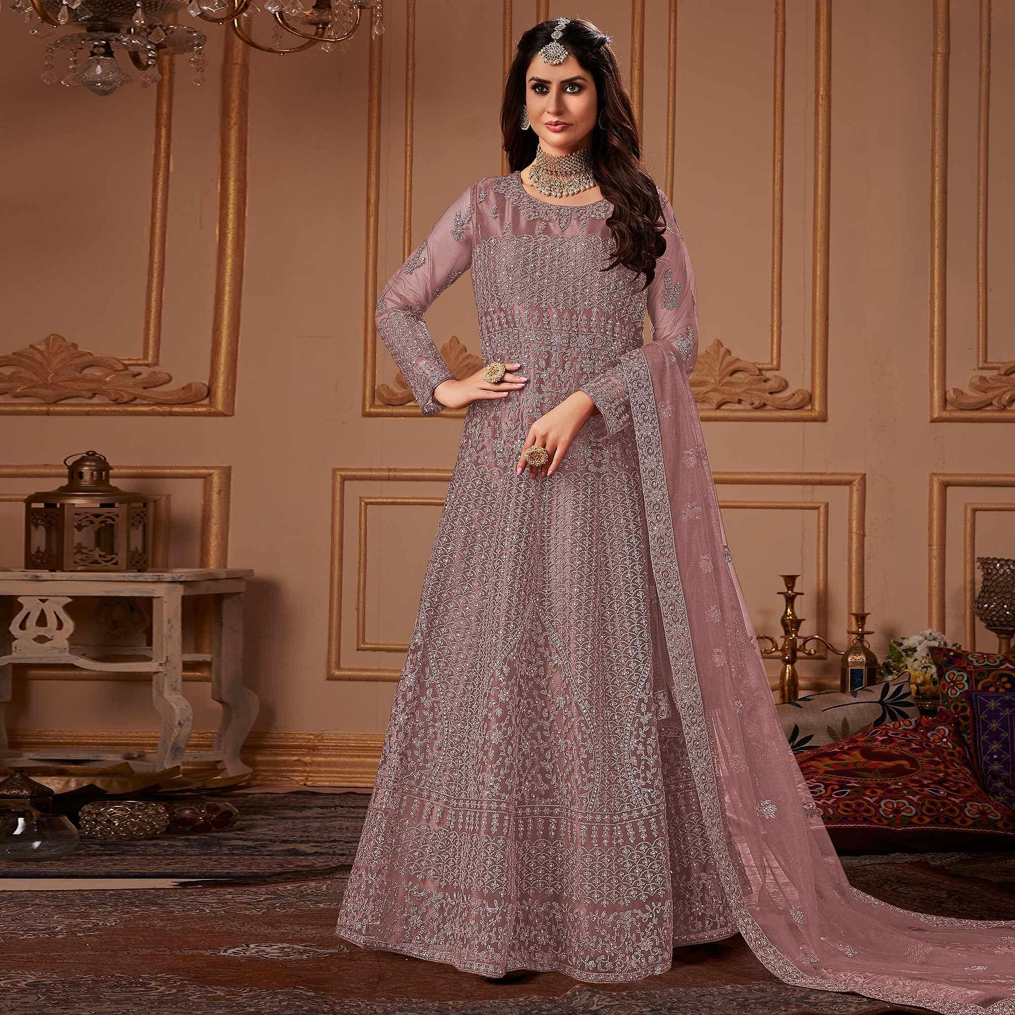 Mauve Partywear Embroidery With Embellished Net Gown - Peachmode