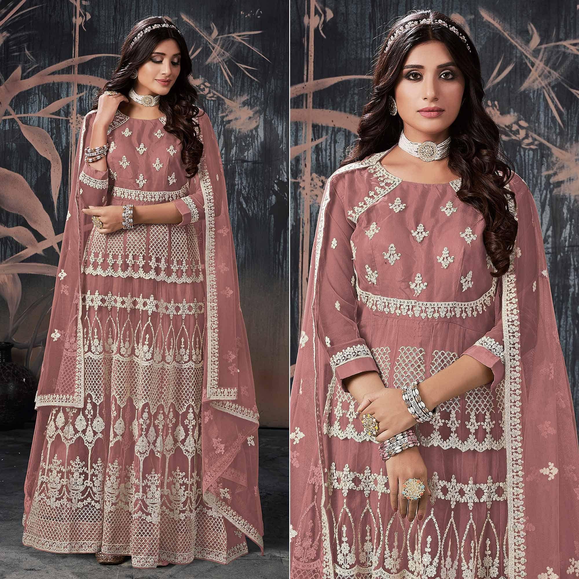 Mauve Partywear Embroidery With Embellished Net Gown - Peachmode