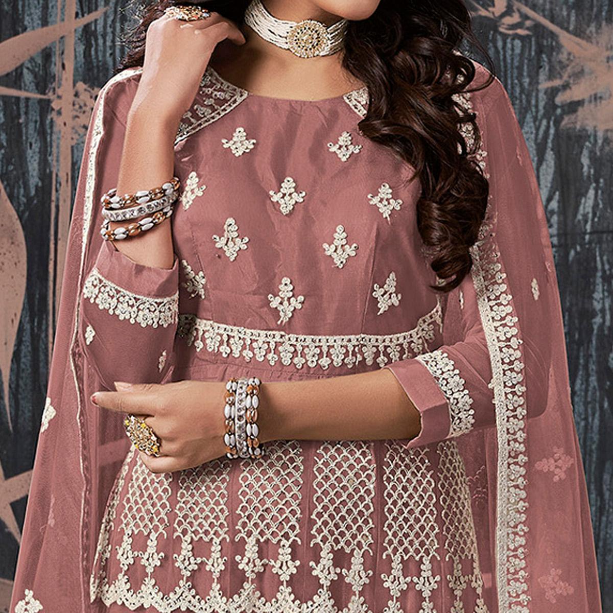 Mauve Partywear Embroidery With Embellished Net Gown - Peachmode