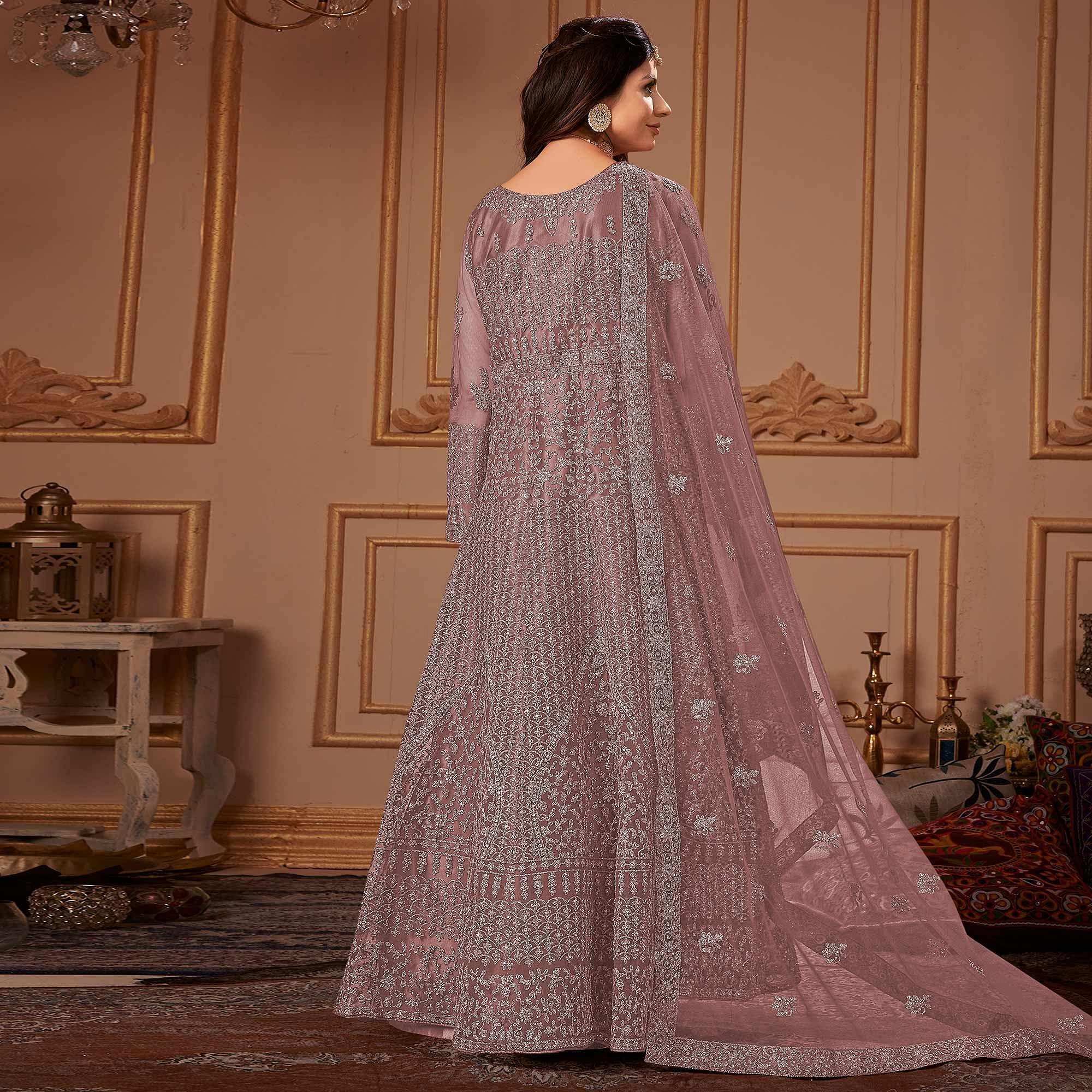 Mauve Partywear Embroidery With Embellished Net Gown - Peachmode