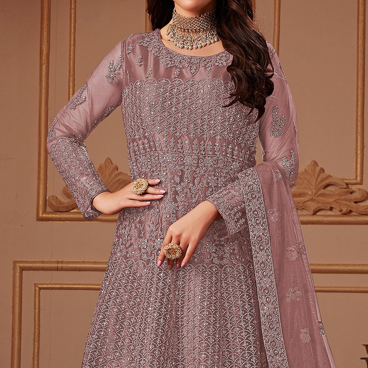 Mauve Partywear Embroidery With Embellished Net Gown - Peachmode