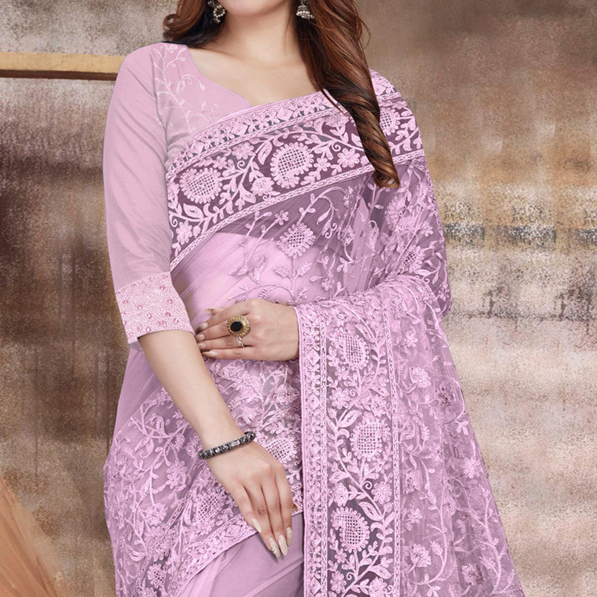 Mauve Partywear Embroidery With Embellished Net Saree - Peachmode