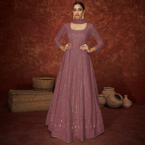 Mauve Partywear Sequence Embroidered Georgette Gown - Peachmode