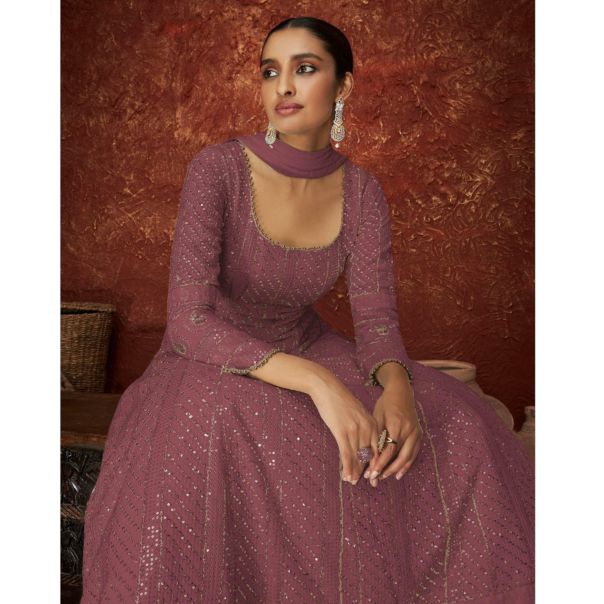 Mauve Partywear Sequence Embroidered Georgette Gown - Peachmode