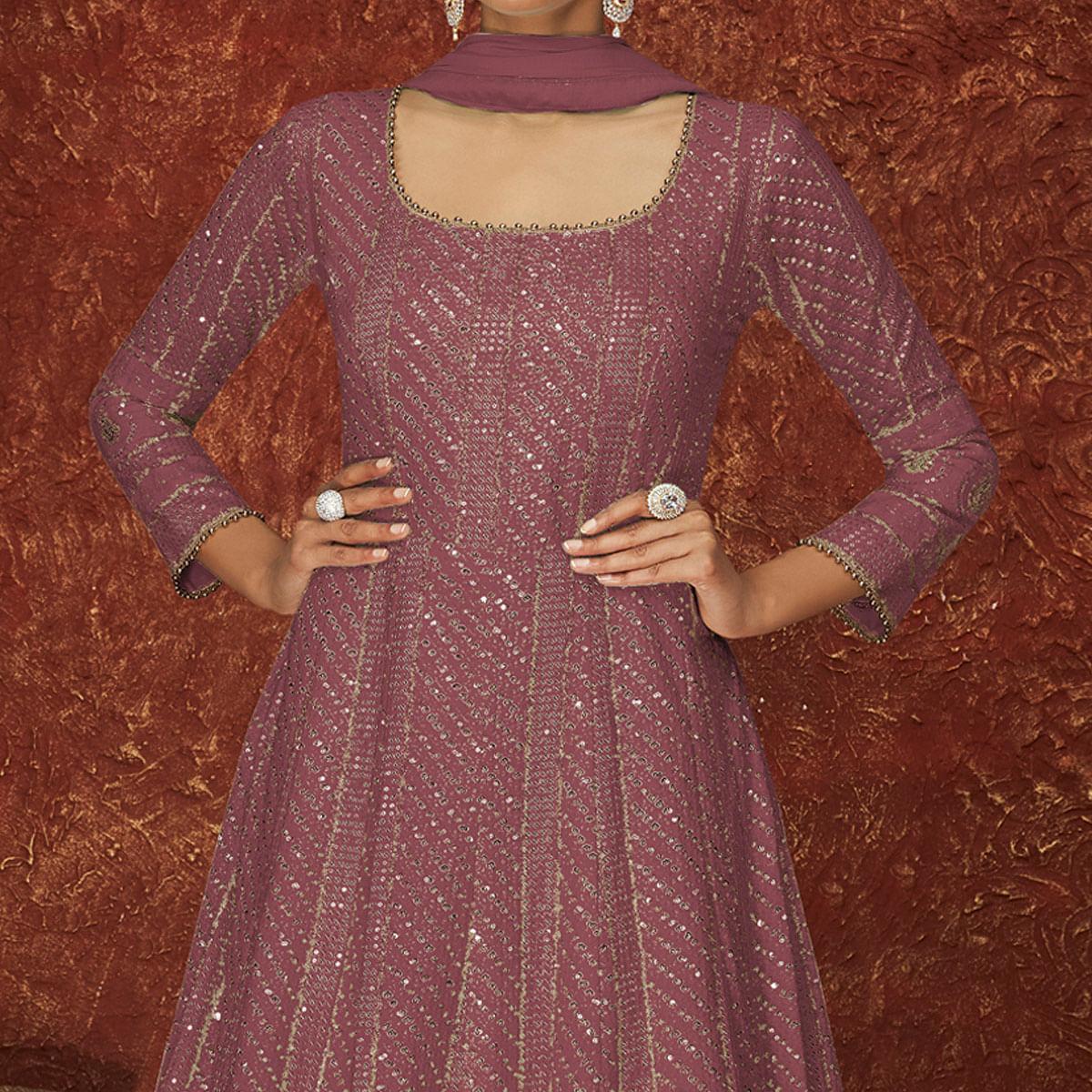 Mauve Partywear Sequence Embroidered Georgette Gown - Peachmode