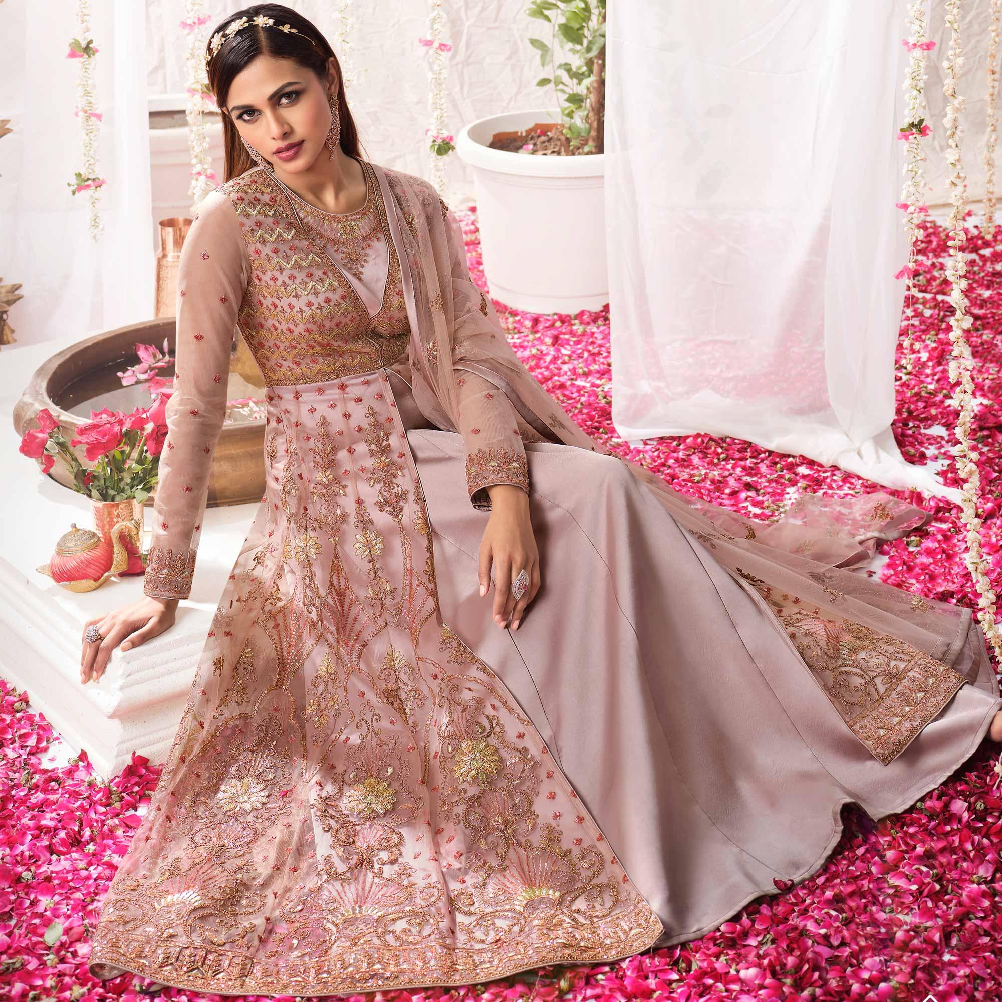 Mauve Partywear Sequence Embroidered Net Gown - Peachmode
