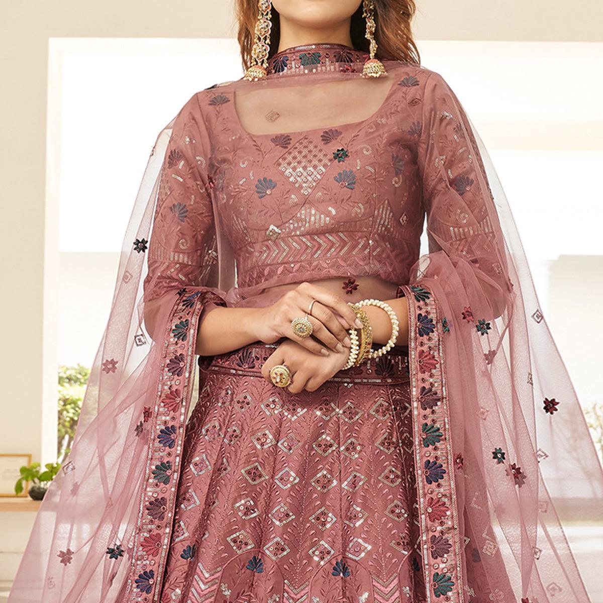 Mauve Partywear Sequence Embroidered Silk Lehenga Choli - Peachmode