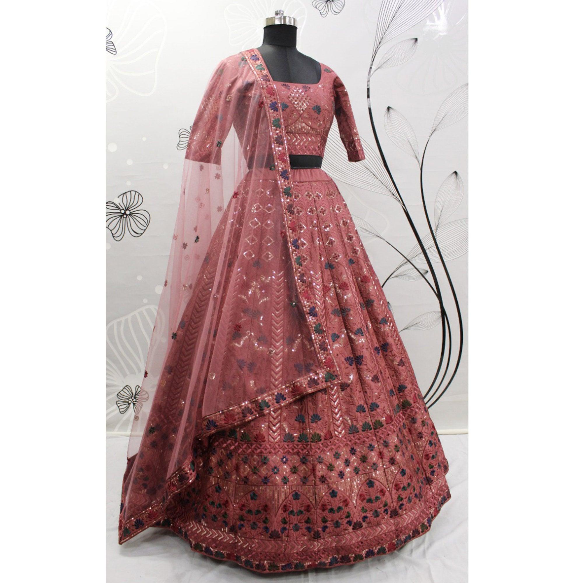 Mauve Partywear Sequence Embroidered Silk Lehenga Choli - Peachmode