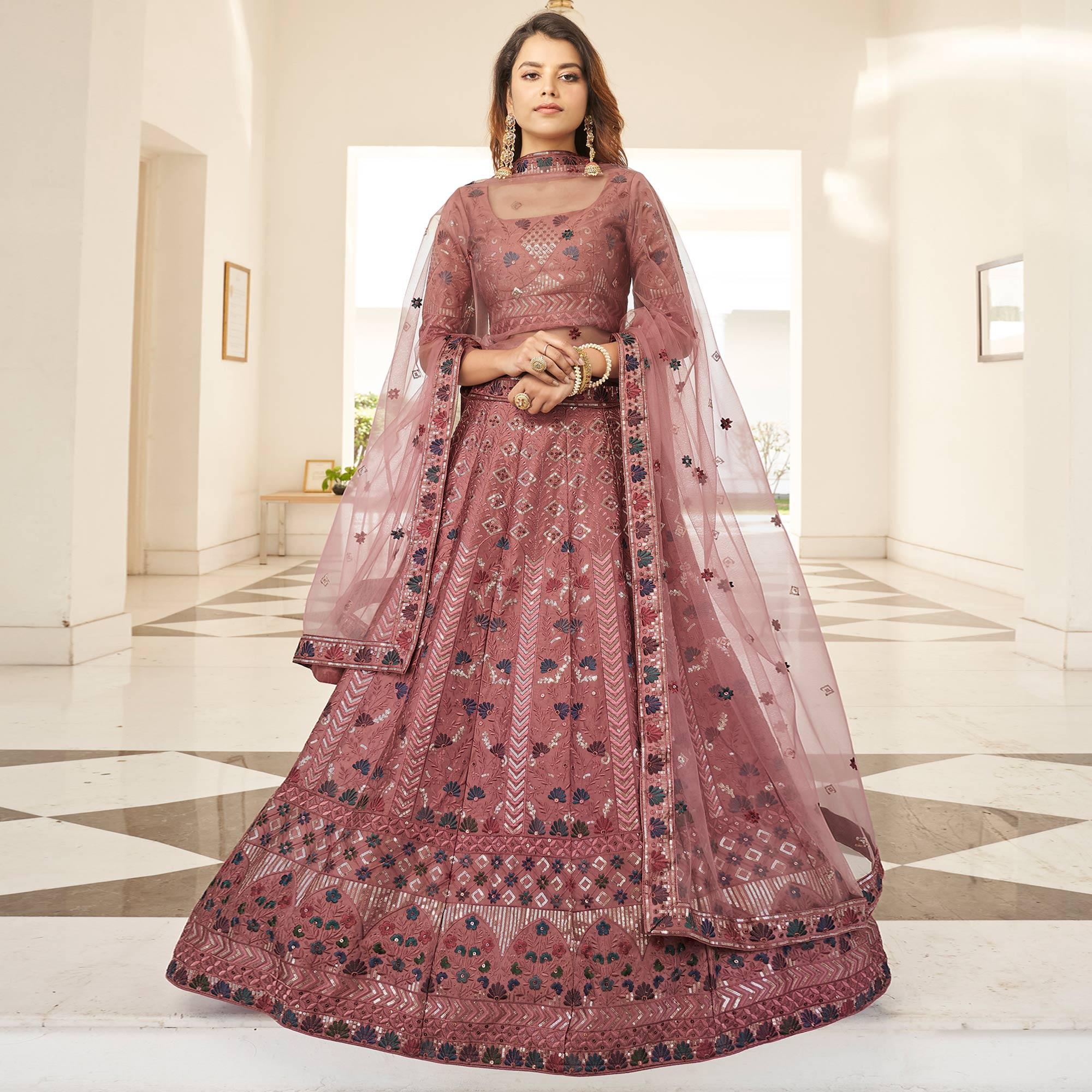 Mauve Partywear Sequence Embroidered Silk Lehenga Choli - Peachmode