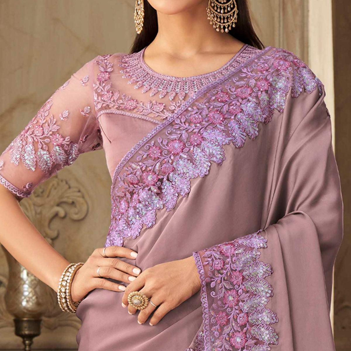 Mauve Partywear Sequence Embroidered Silk Saree - Peachmode