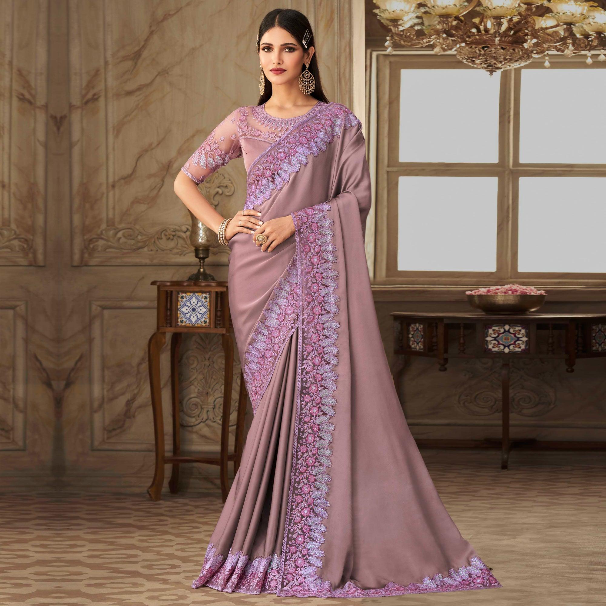 Mauve Partywear Sequence Embroidered Silk Saree - Peachmode