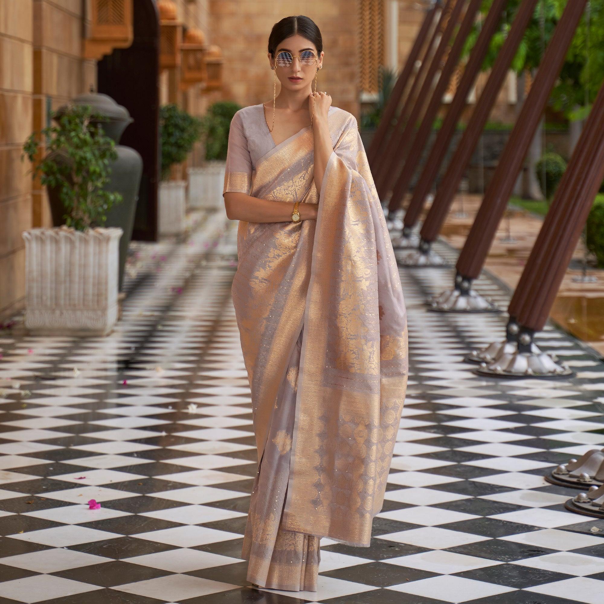 Mauve Partywear Sequence Woven Chanderi Saree - Peachmode