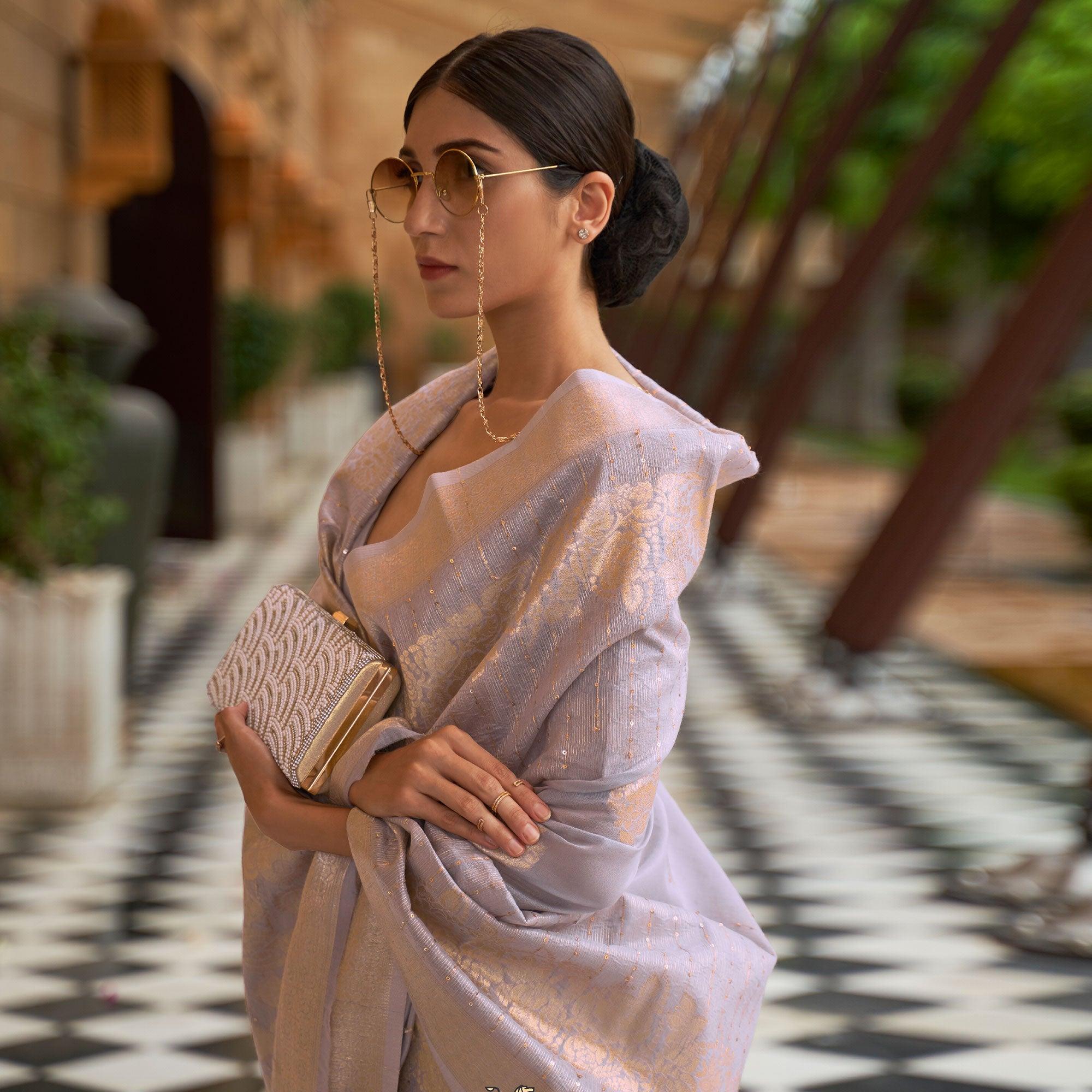 Mauve Partywear Sequence Woven Chanderi Saree - Peachmode