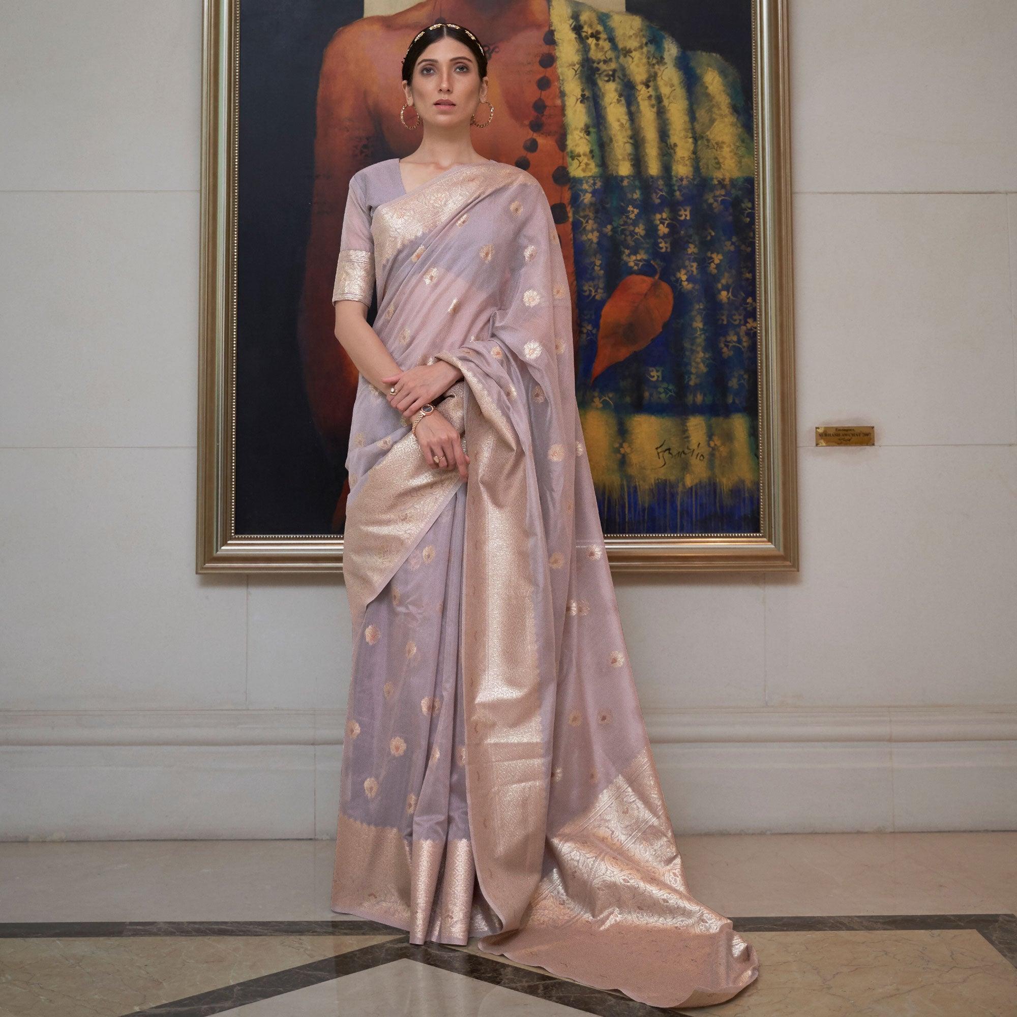Mauve Partywear Woven Chanderi Saree - Peachmode