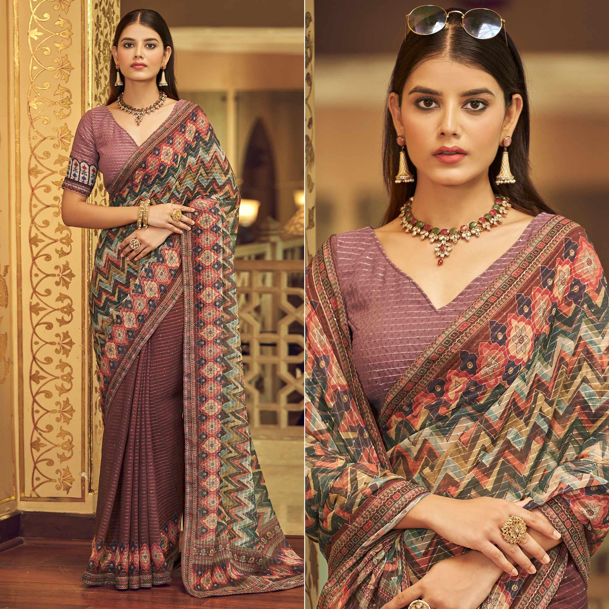 Mauve Printed With Embellished Georgette Half and Half Saree - Peachmode